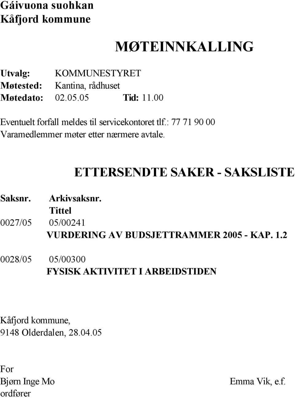 ETTERSENDTE SAKER - SAKSLISTE Saksnr. Arkivsaksnr. Tittel 0027/05 05/00241 VURDERING AV BUDSJETTRAMMER 2005 - KAP. 1.