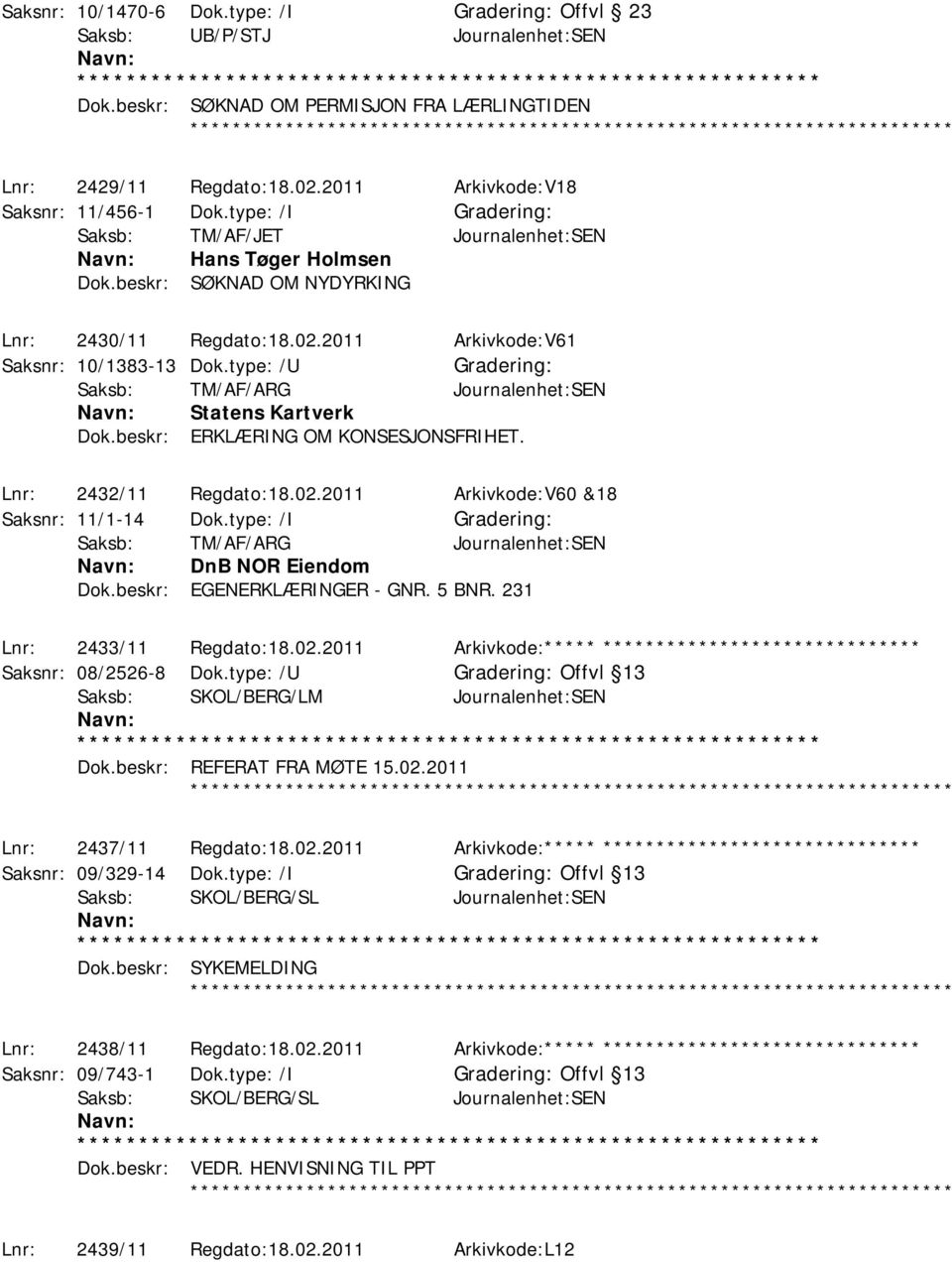 type: /U Saksb: TM/AF/ARG Journalenhet:SEN Statens Kartverk Dok.beskr: ERKLÆRING OM KONSESJONSFRIHET. Lnr: 2432/11 Regdato:18.02.2011 Arkivkode:V60 &18 Saksnr: 11/1-14 Dok.