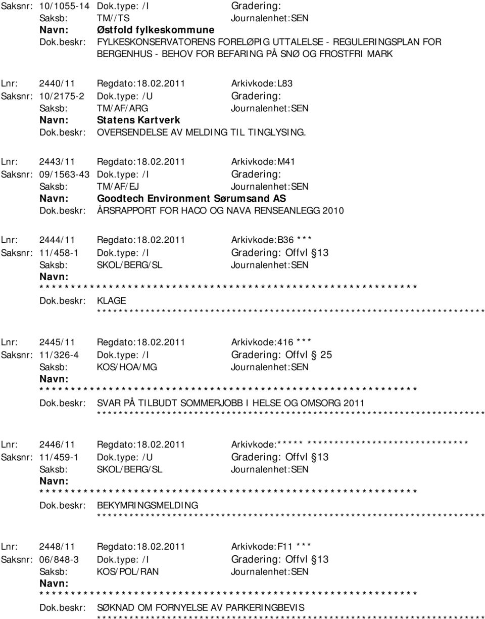 type: /U Saksb: TM/AF/ARG Journalenhet:SEN Statens Kartverk Dok.beskr: OVERSENDELSE AV MELDING TIL TINGLYSING. Lnr: 2443/11 Regdato:18.02.2011 Arkivkode:M41 Saksnr: 09/1563-43 Dok.