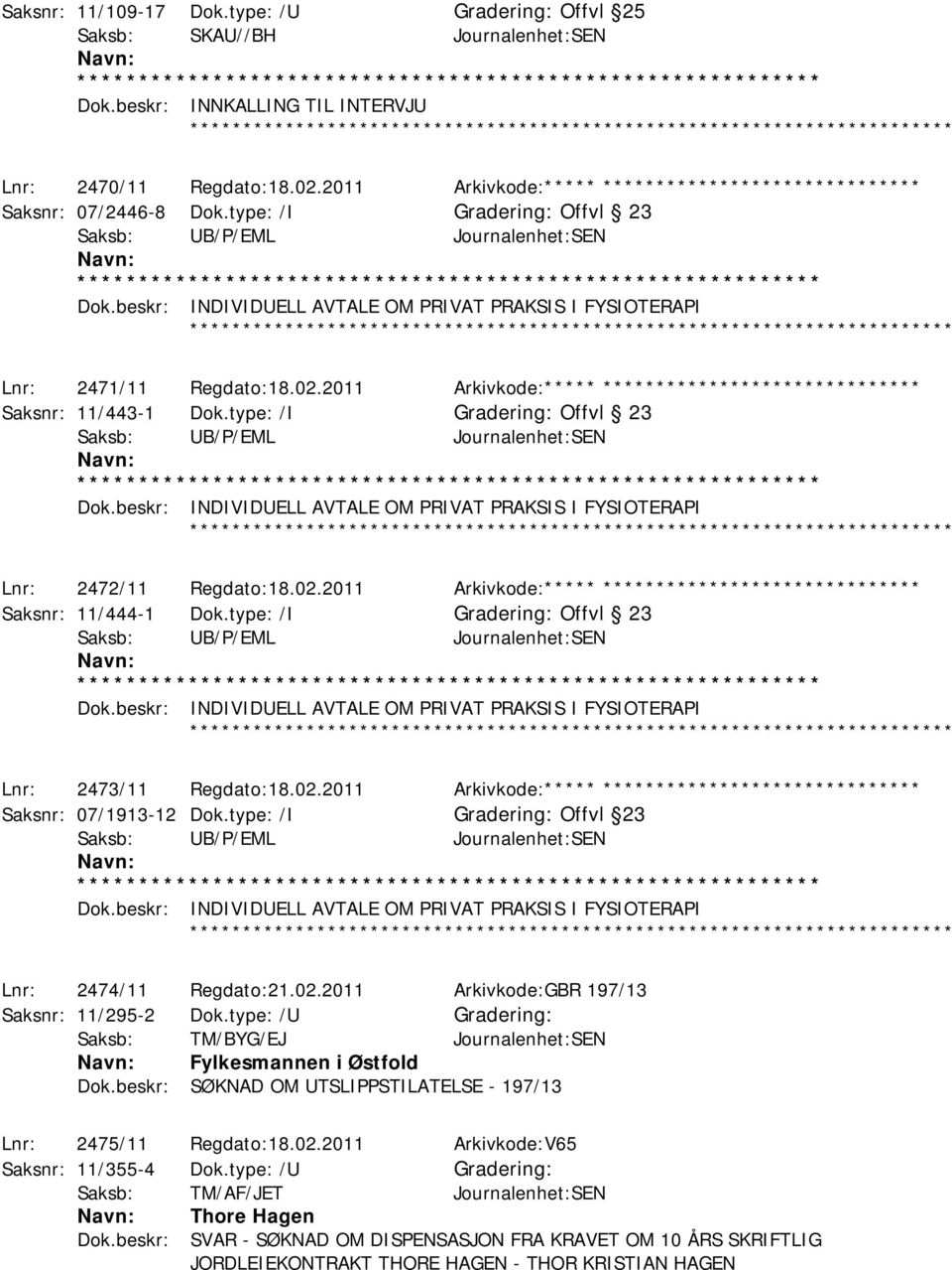 type: /I Offvl 23 Saksb: UB/P/EML Journalenhet:SEN Dok.beskr: INDIVIDUELL AVTALE OM PRIVAT PRAKSIS I FYSIOTERAPI Lnr: 2472/11 Regdato:18.02.