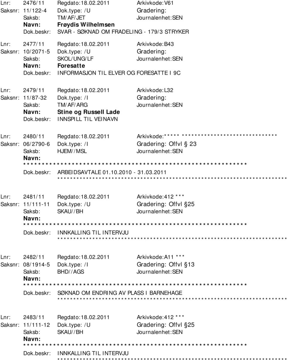 beskr: INFORMASJON TIL ELVER OG FORESATTE I 9C Lnr: 2479/11 Regdato:18.02.2011 Arkivkode:L32 Saksnr: 11/87-32 Dok.type: /I Saksb: TM/AF/ARG Journalenhet:SEN Stine og Russell Lade Dok.