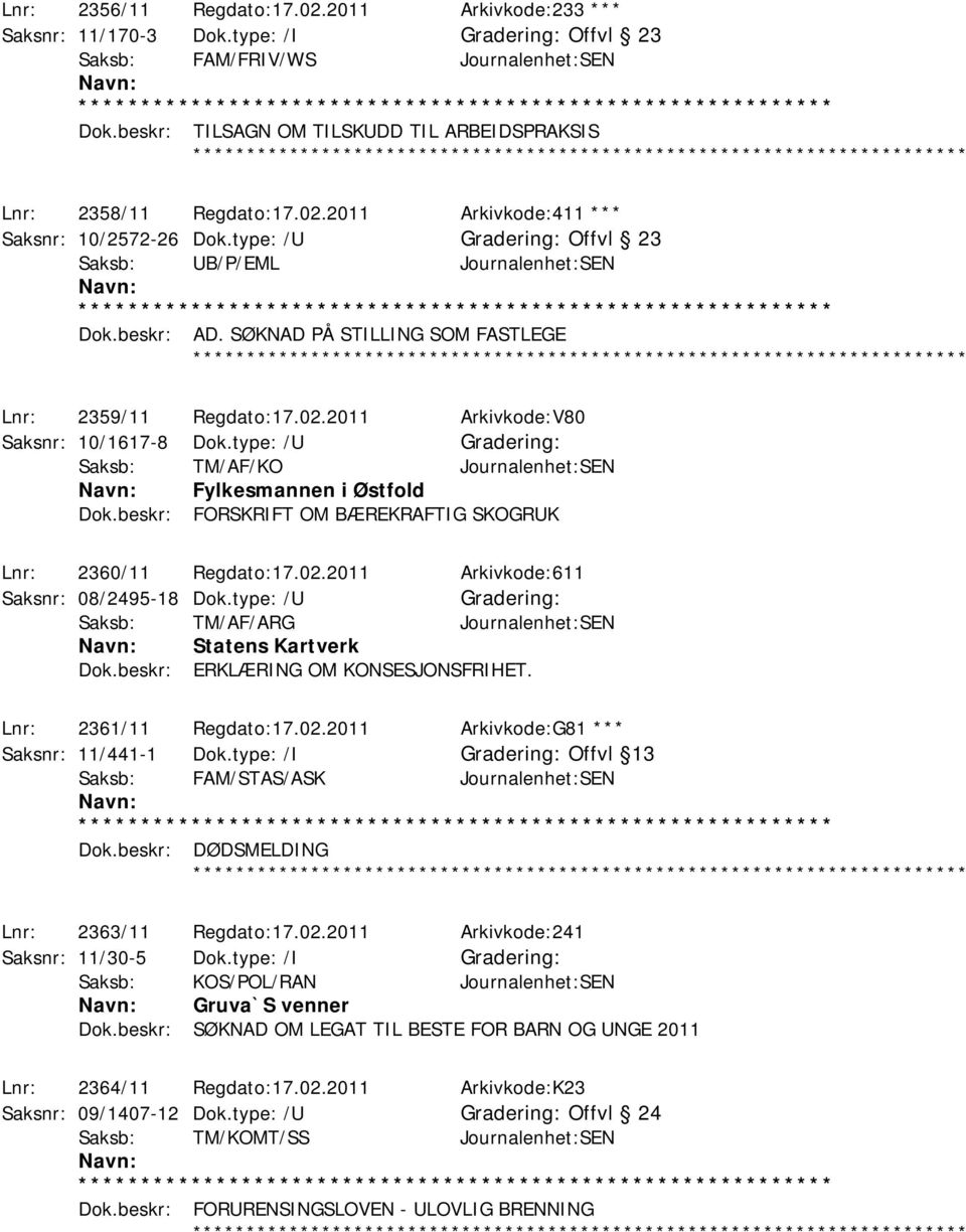 type: /U Saksb: TM/AF/KO Journalenhet:SEN Fylkesmannen i Østfold Dok.beskr: FORSKRIFT OM BÆREKRAFTIG SKOGRUK Lnr: 2360/11 Regdato:17.02.2011 Arkivkode:611 Saksnr: 08/2495-18 Dok.