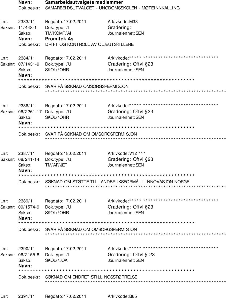 2011 Arkivkode:***** ****************************** Saksnr: 07/1431-9 Dok.type: /U Offvl 23 Saksb: SKOL//OHR Journalenhet:SEN Dok.beskr: SVAR PÅ SØKNAD OMSORGSPERMISJON Lnr: 2386/11 Regdato:17.02.