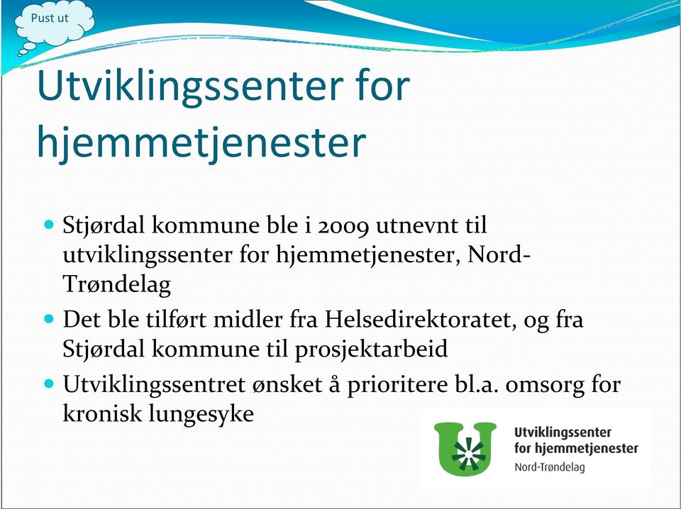 midler fra Helsedirektoratet, og fra Stjørdal kommune til prosjektarbeid