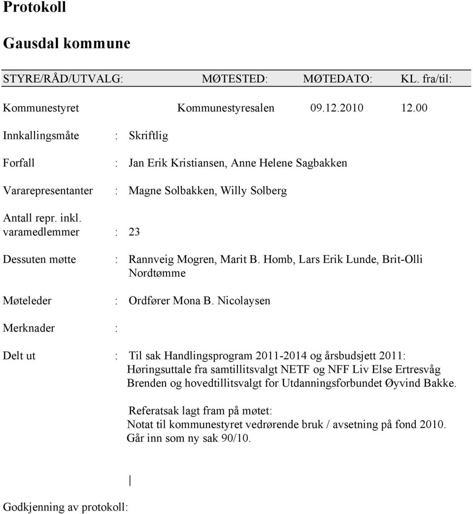 varamedlemmer : 23 Dessuten møtte Møteleder : Rannveig Mogren, Marit B. Homb, Lars Erik Lunde, Brit-Olli Nordtømme : Ordfører Mona B.