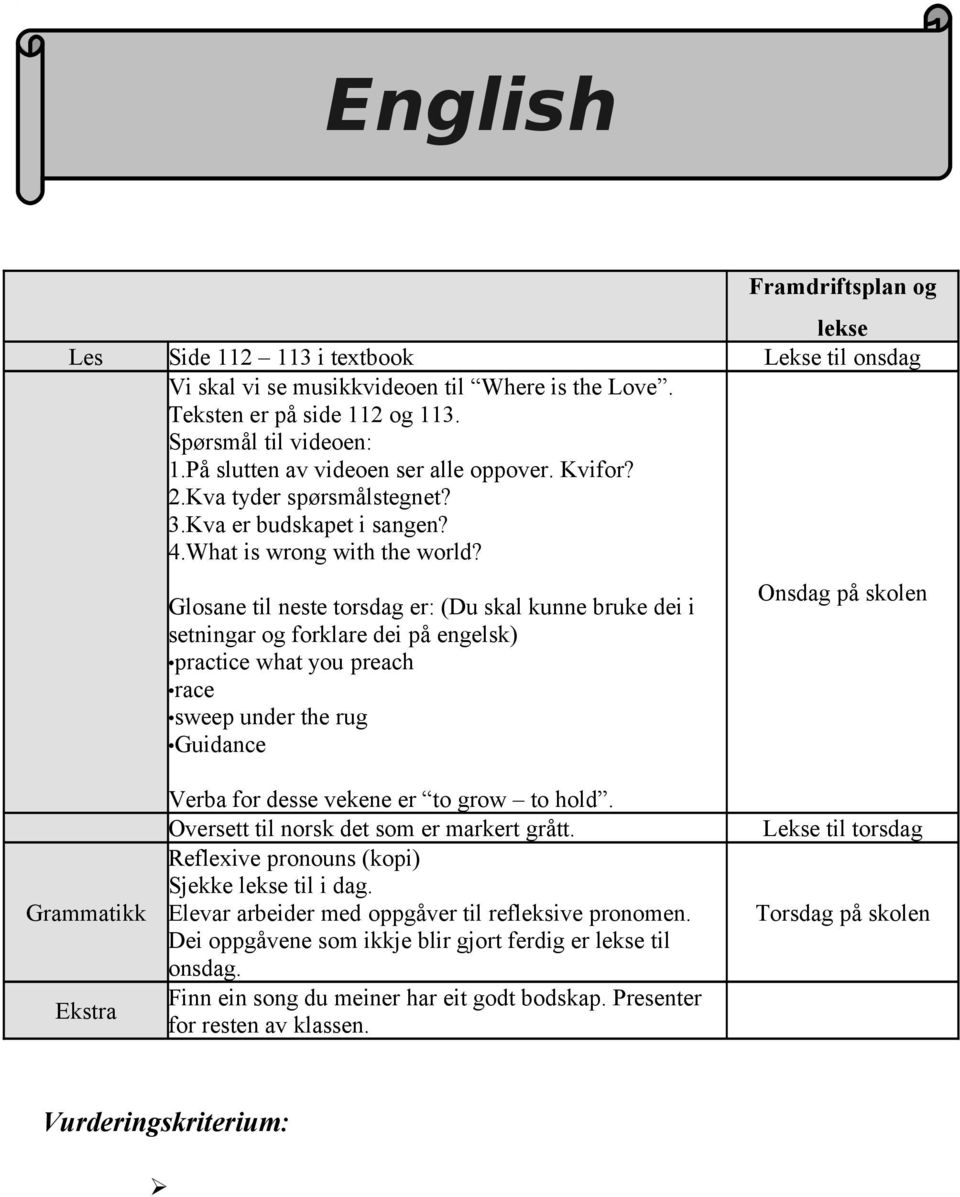 Glosane til neste torsdag er: (Du skal kunne bruke dei i setningar og forklare dei på engelsk) practice what you preach race sweep under the rug Guidance Onsdag på skolen Grammatikk Ekstra Verba for