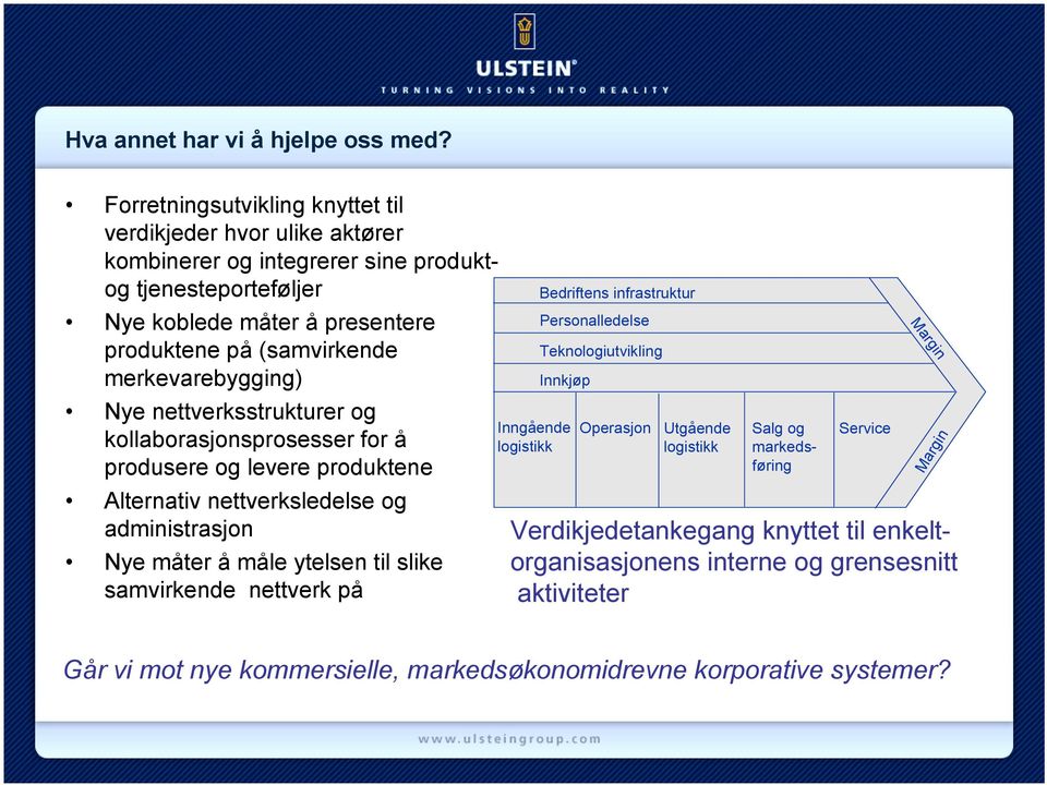 merkevarebygging) Nye nettverksstrukturer og kollaborasjonsprosesser for å produsere og levere produktene Alternativ nettverksledelse og administrasjon Nye måter å måle ytelsen til slike