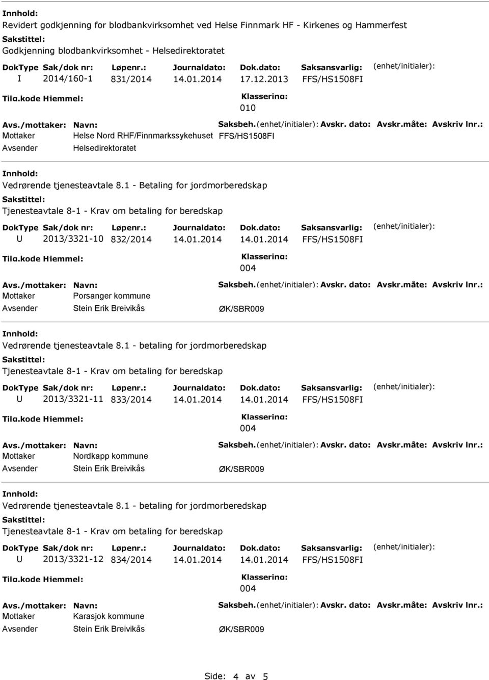 1 - Betaling for jordmorberedskap 2013/3321-10 832/2014 FFS/HS1508F Mottaker Porsanger kommune nnhold: Vedrørende tjenesteavtale 8.