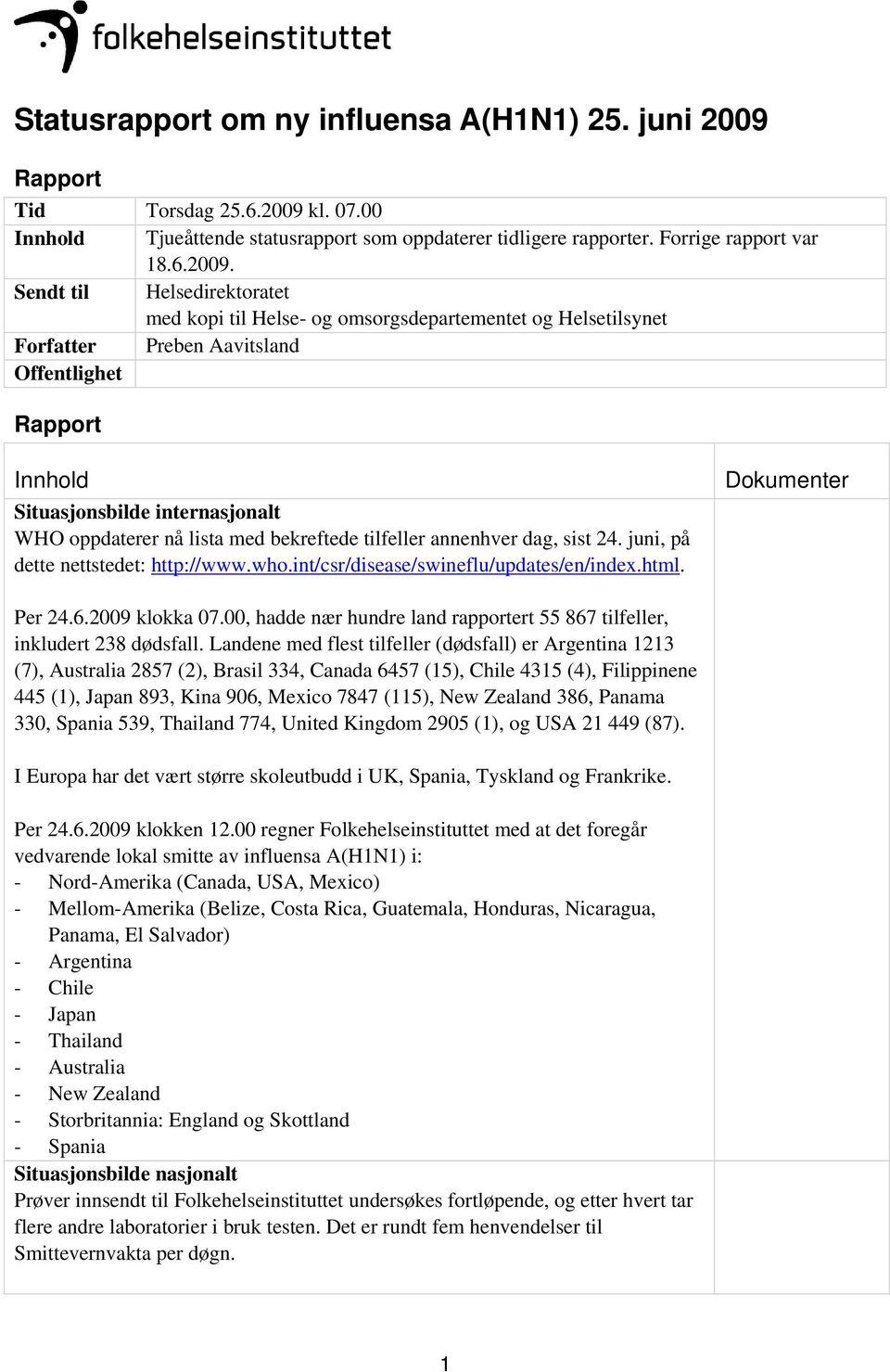 kl. 07.00 Innhold Tjueåttende statusrapport som oppdaterer tidligere rapporter. Forrige rapport var 18.6.2009.