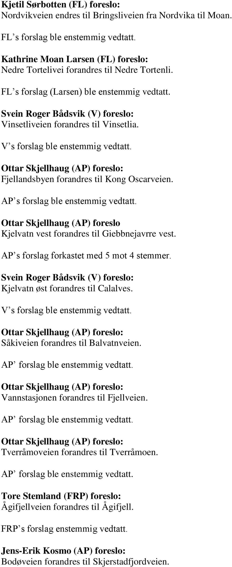 V s forslag ble enstemmig vedtatt. Fjellandsbyen forandres til Kong Oscarveien. AP s forslag ble enstemmig vedtatt. Ottar Skjellhaug (AP) foreslo Kjelvatn vest forandres til Giebbnejavrre vest.