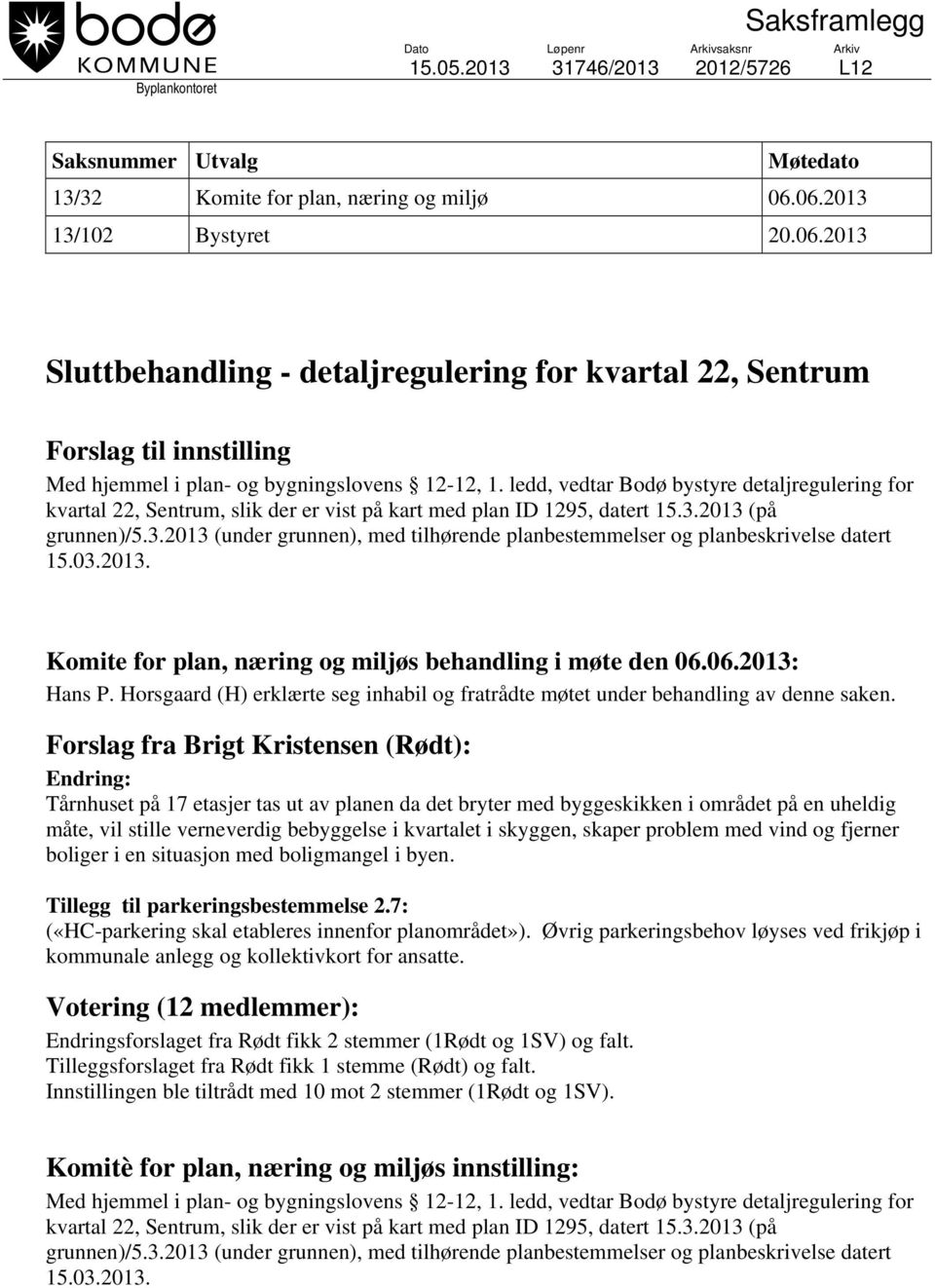 ledd, vedtar Bodø bystyre detaljregulering for kvartal 22, Sentrum, slik der er vist på kart med plan ID 1295, datert 15.3.