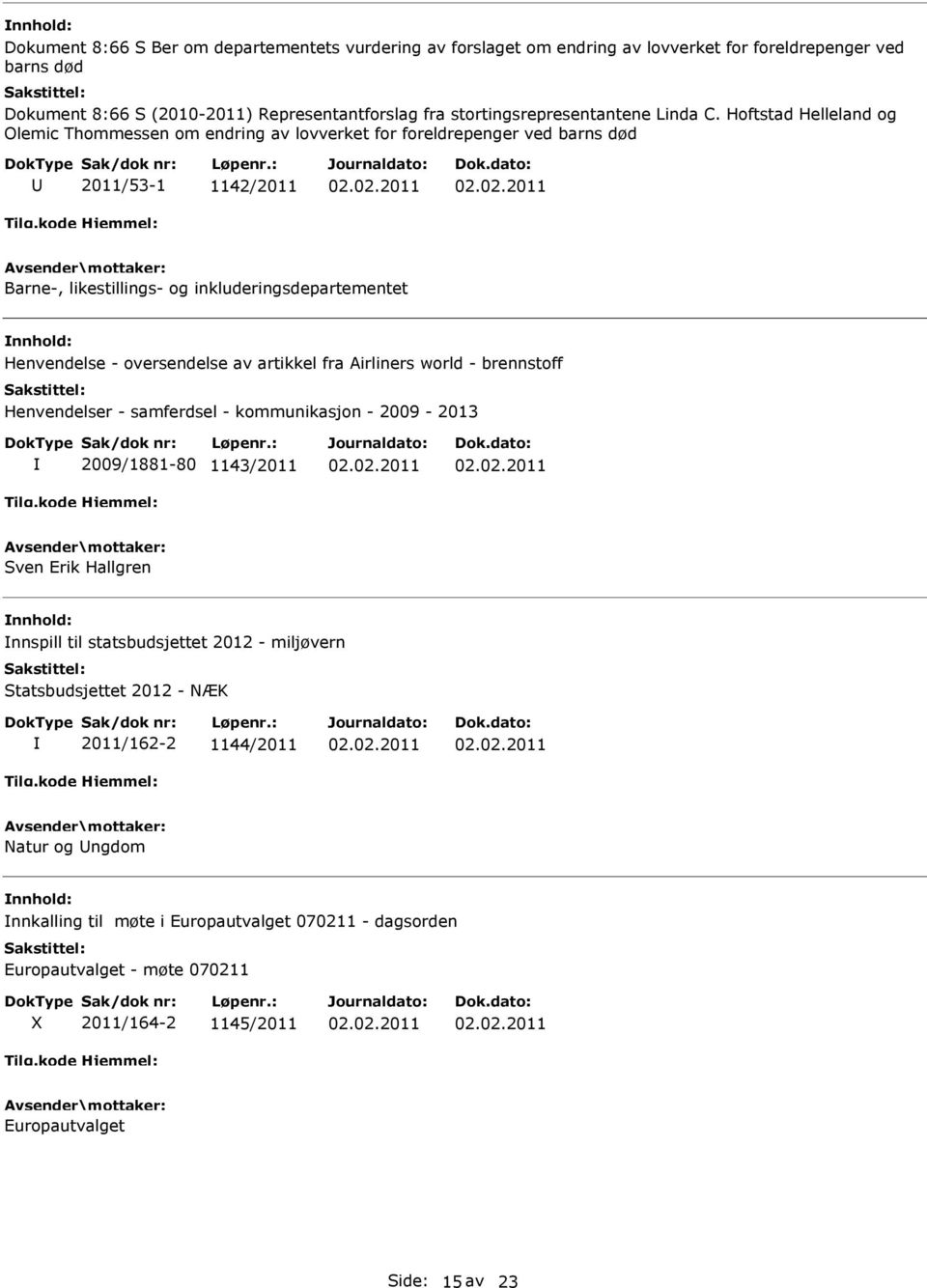 Hoftstad Helleland og Olemic Thommessen om endring av lovverket for foreldrepenger ved barns død 2011/53-1 1142/2011 Barne-, likestillings- og inkluderingsdepartementet Henvendelse - oversendelse