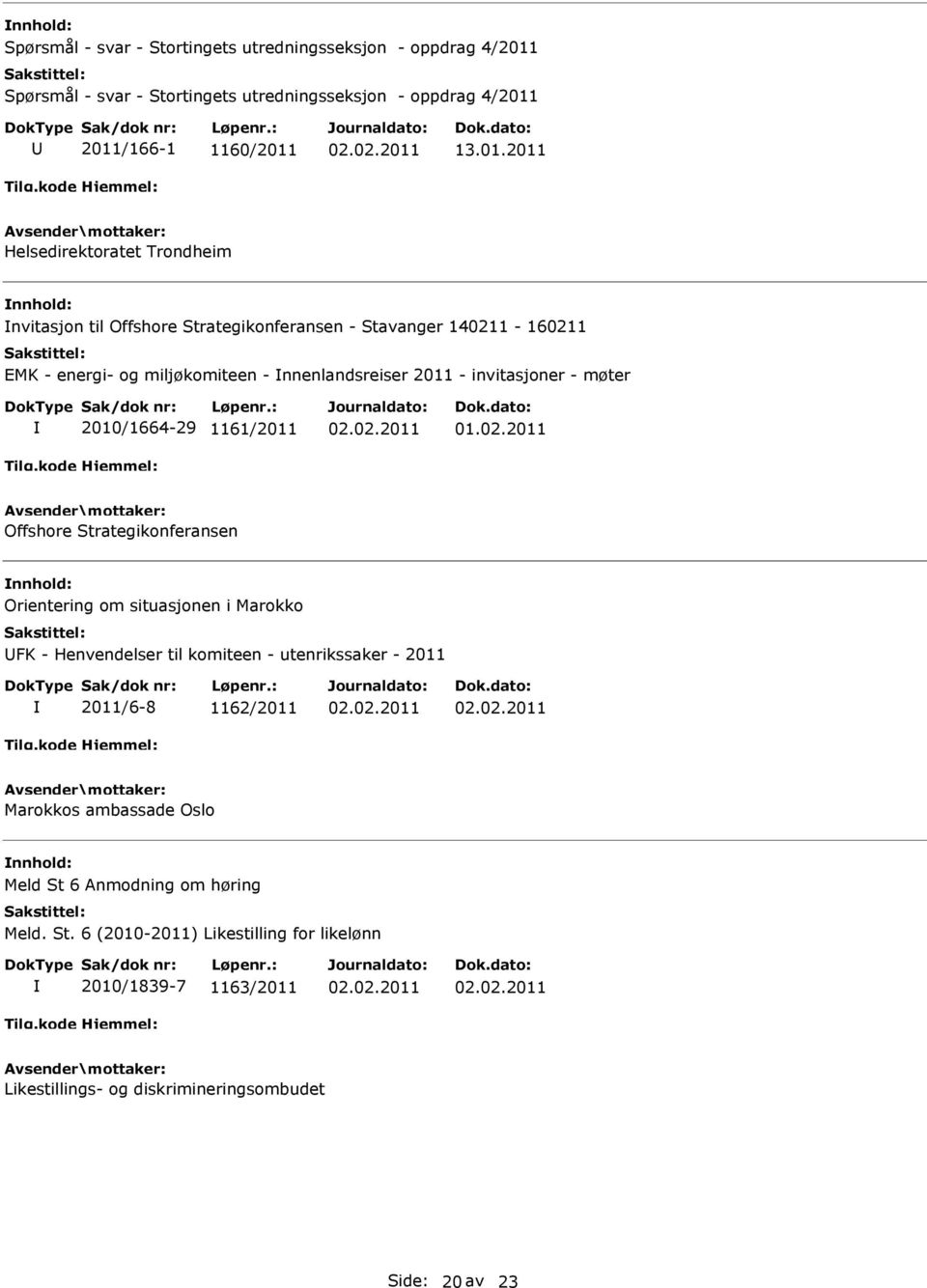 nnenlandsreiser 2011 - invitasjoner - møter 2010/1664-29 1161/2011 Offshore Strategikonferansen Orientering om situasjonen i Marokko FK - Henvendelser til komiteen -