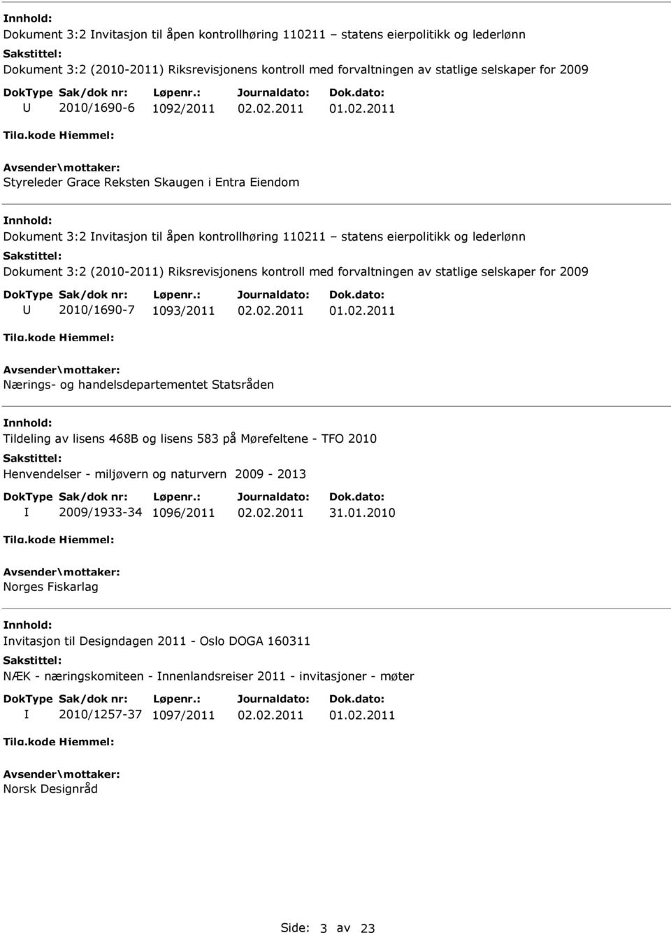 med forvaltningen av statlige selskaper for 2009 2010/1690-7 1093/2011 Nærings- og handelsdepartementet Statsråden Tildeling av lisens 468B og lisens 583 på Mørefeltene - TFO 2010 Henvendelser -