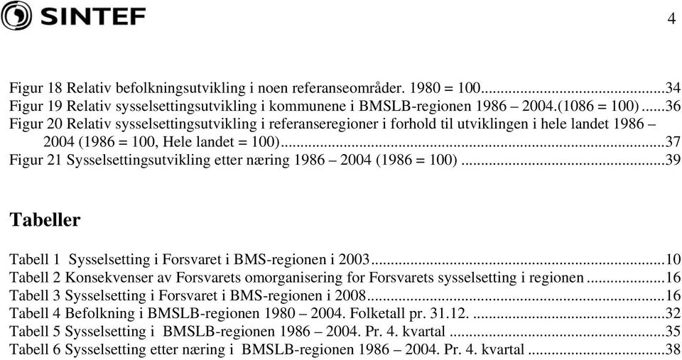 ..37 Figur 21 Sysselsettingsutvikling etter næring 1986 2004 (1986 = 100)...39 Tabeller Tabell 1 Sysselsetting i Forsvaret i BMS-regionen i 2003.