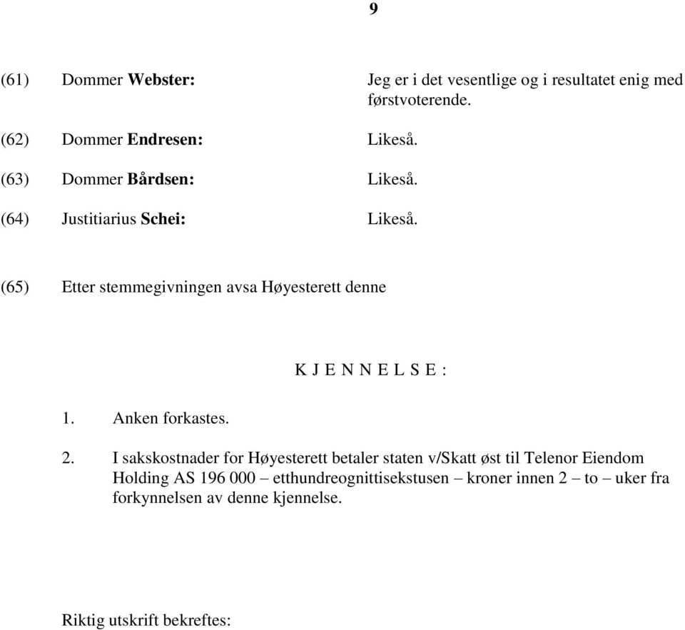 (65) Etter stemmegivningen avsa Høyesterett denne K J E N N E L S E : 1. Anken forkastes. 2.