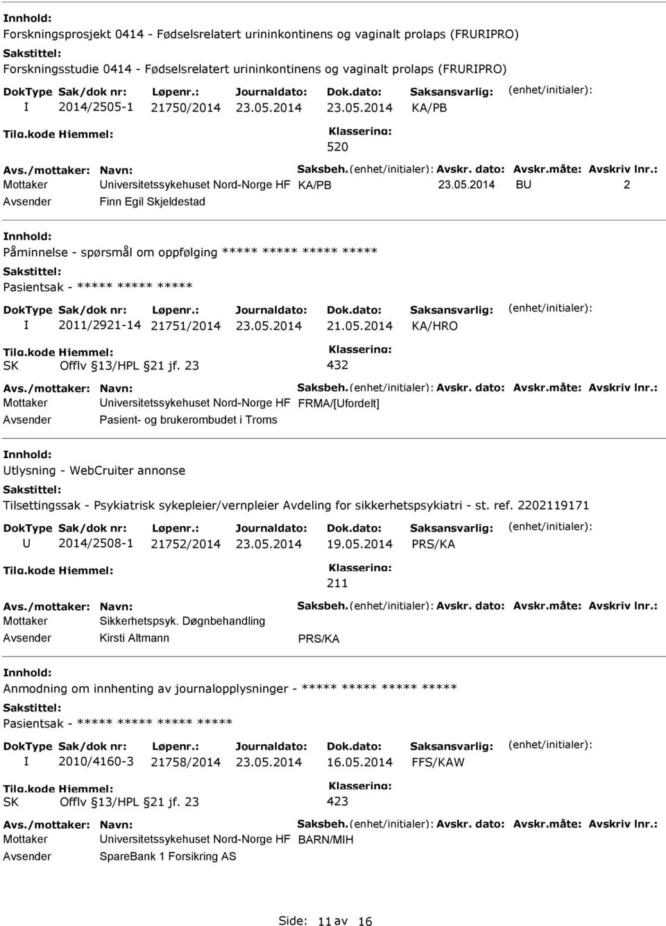 : Mottaker niversitetssykehuset Nord-Norge HF KA/PB B 2 Finn Egil Skjeldestad Påminnelse - spørsmål om oppfølging ***** ***** ***** ***** 2011/2921-14 21751/2014 21.05.2014 432 Avs.