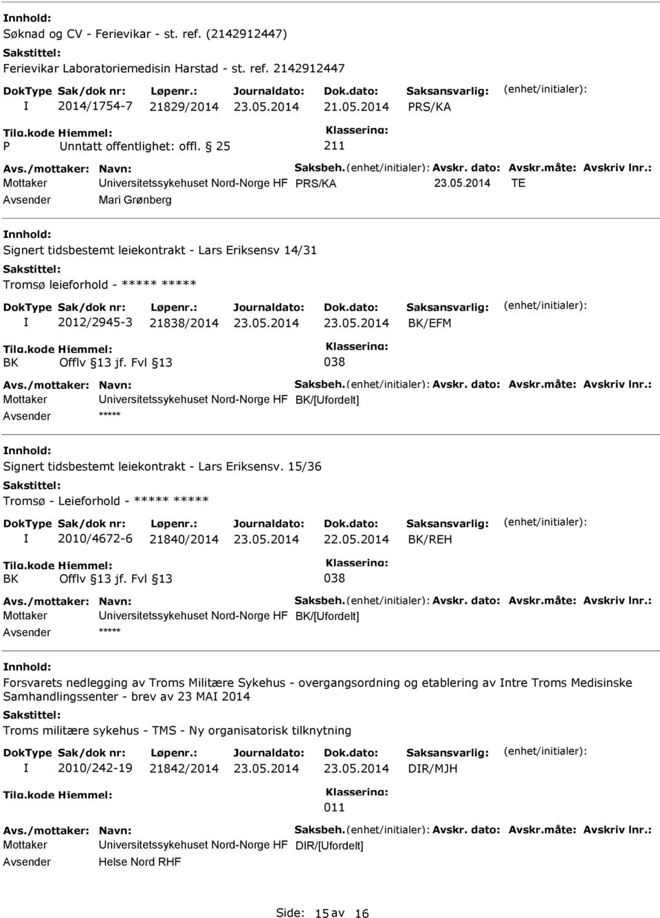 : Mottaker niversitetssykehuset Nord-Norge HF TE Mari Grønberg Signert tidsbestemt leiekontrakt - Lars Eriksensv 14/31 Tromsø leieforhold - ***** ***** 2012/2945-3 21838/2014 /EFM Avs.