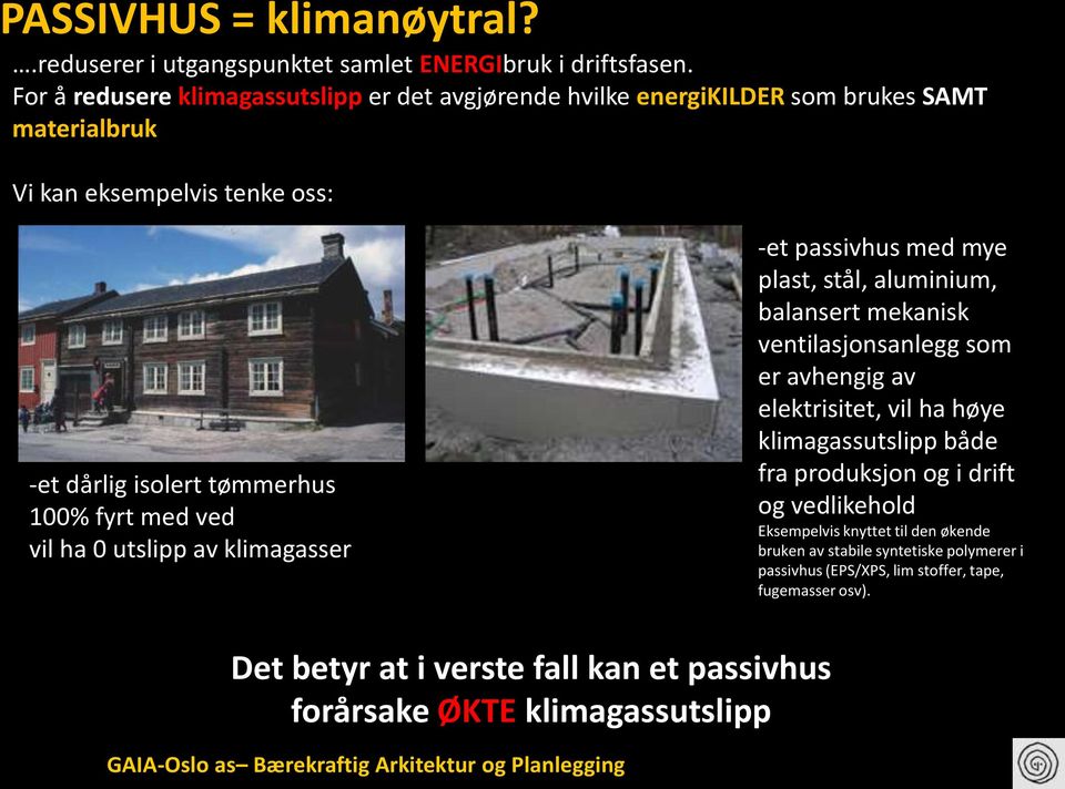 utslipp av klimagasser -et passivhus med mye plast, stål, aluminium, balansert mekanisk ventilasjonsanlegg som er avhengig av elektrisitet, vil ha høye klimagassutslipp både fra