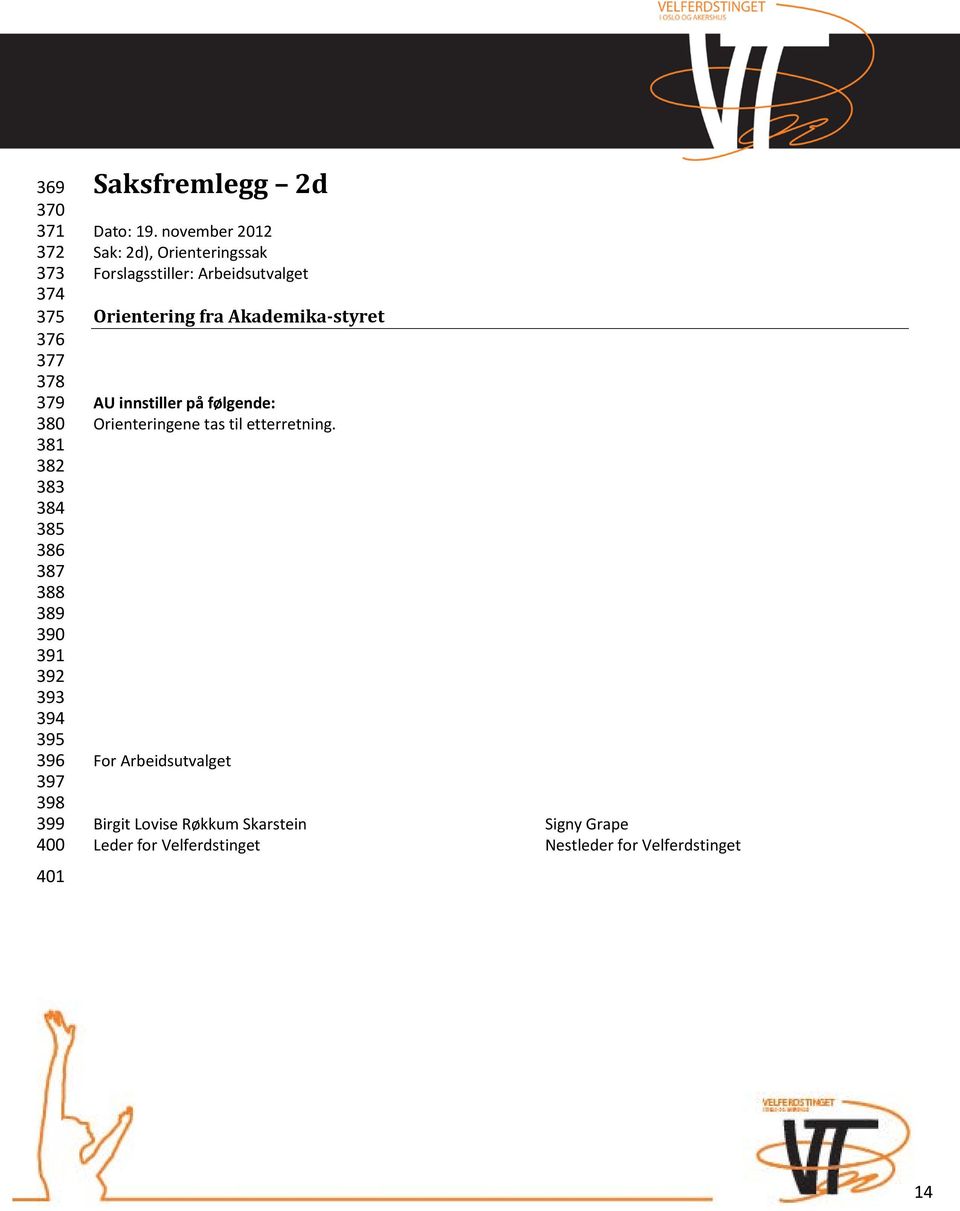 november 2012 Sak: 2d), Orienteringssak Forslagsstiller: Arbeidsutvalget Orientering fra Akademika-styret AU