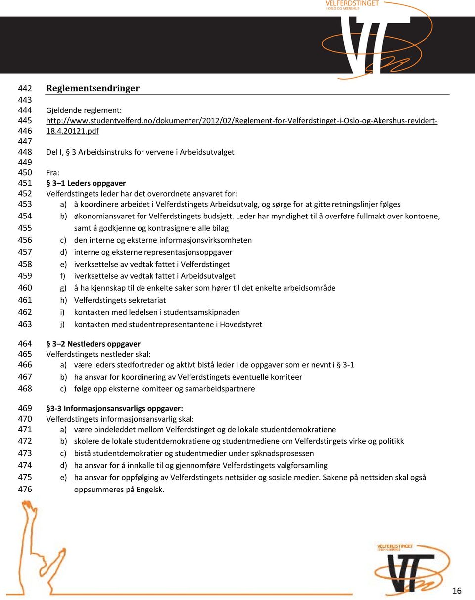 pdf Del I, 3 Arbeidsinstruks for vervene i Arbeidsutvalget Fra: 3 1 Leders oppgaver Velferdstingets leder har det overordnete ansvaret for: a) å koordinere arbeidet i Velferdstingets Arbeidsutvalg,