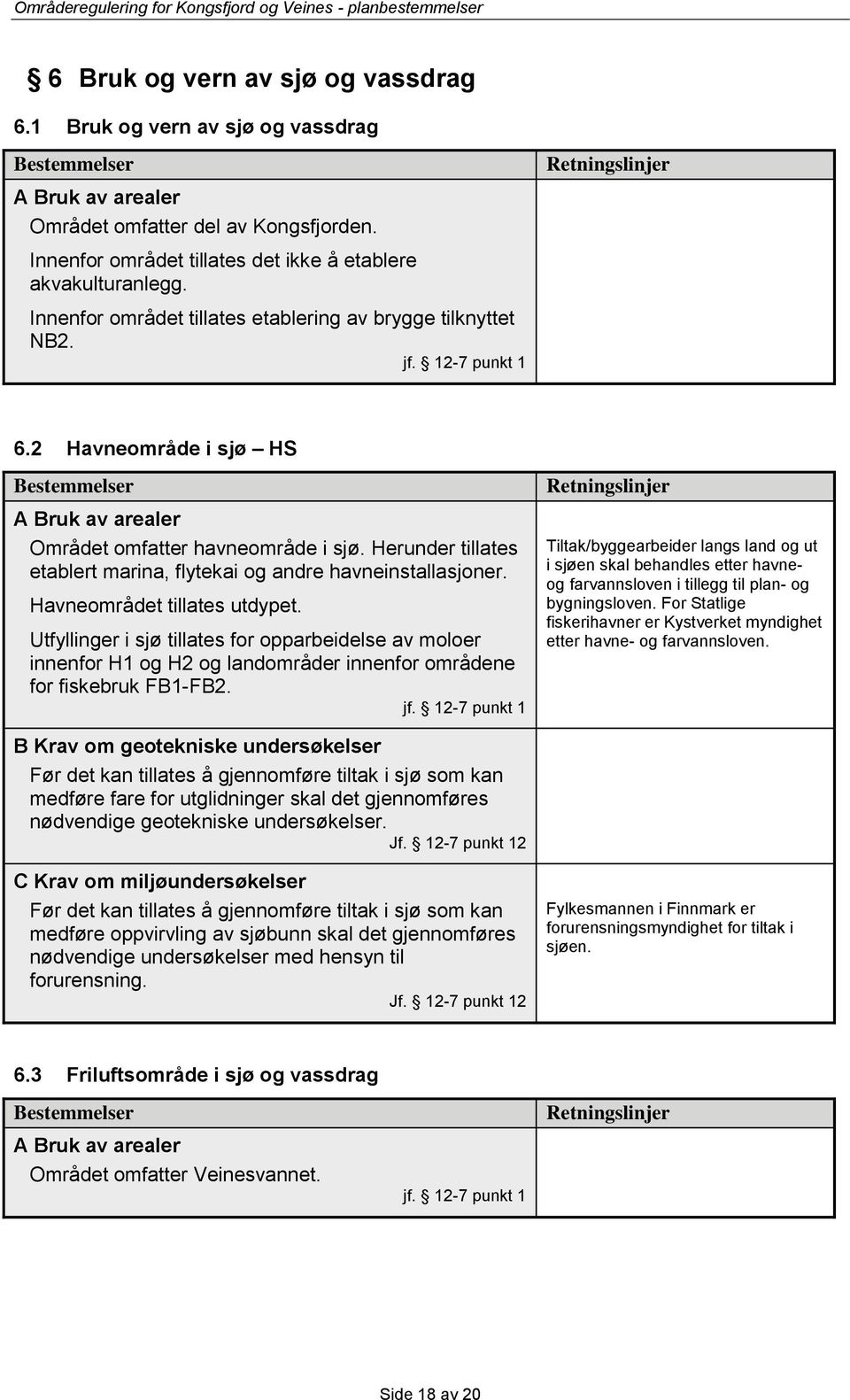 Havneområdet tillates utdypet. Utfyllinger i sjø tillates for opparbeidelse av moloer innenfor H1 og H2 og landområder innenfor områdene for fiskebruk FB1-FB2.