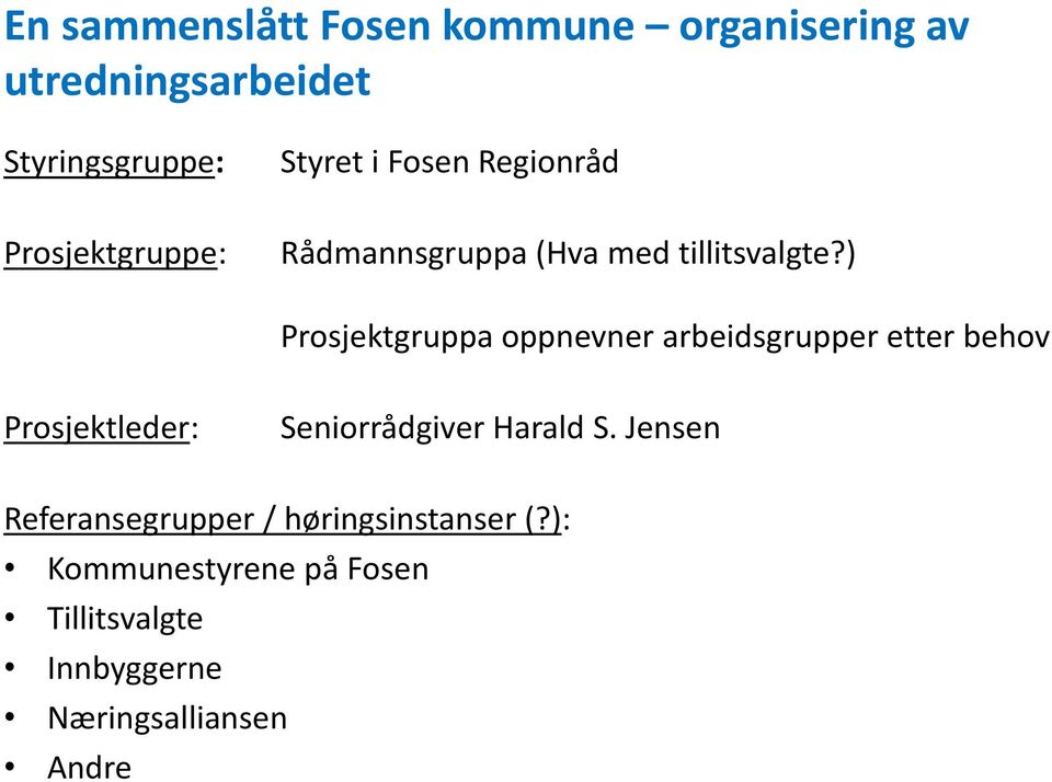 ) Prosjektgruppa oppnevner arbeidsgrupper etter behov Prosjektleder: Seniorrådgiver Harald S.