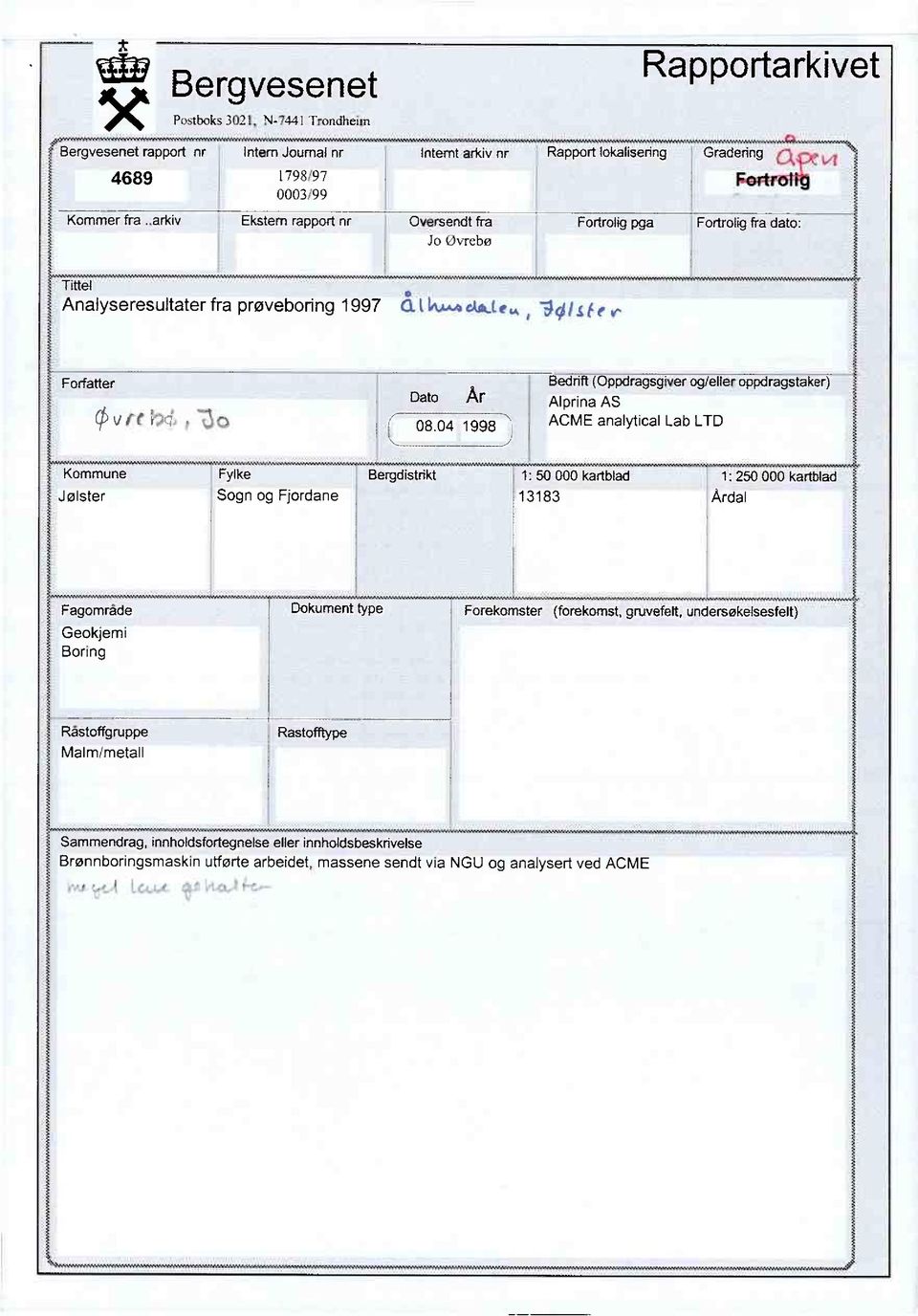 04 1998 Bedrift (Oppdragsgiver og/eller oppdragstaker) Alprina AS ACME analytical Lab LTD Kommune Jølster Fylke Sogn og Fjordane Bergdistrikt 1: 50 000 kartblad 13183 1: 250 000 kartblad Ardal