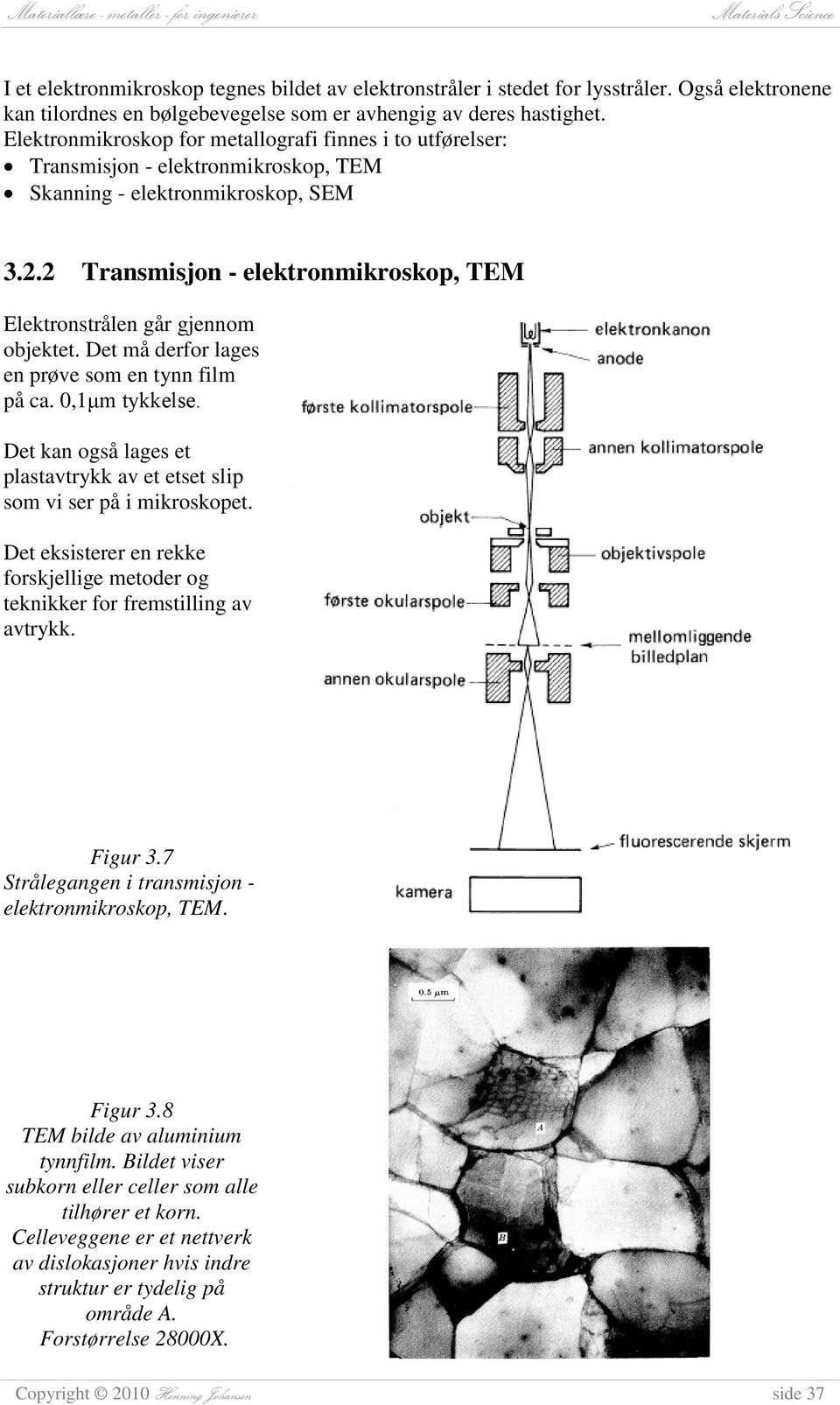 2 Transmisjon - elektronmikroskop, TEM Elektronstrålen går gjennom objektet. Det må derfor lages en prøve som en tynn film på ca. 0,1μm tykkelse.