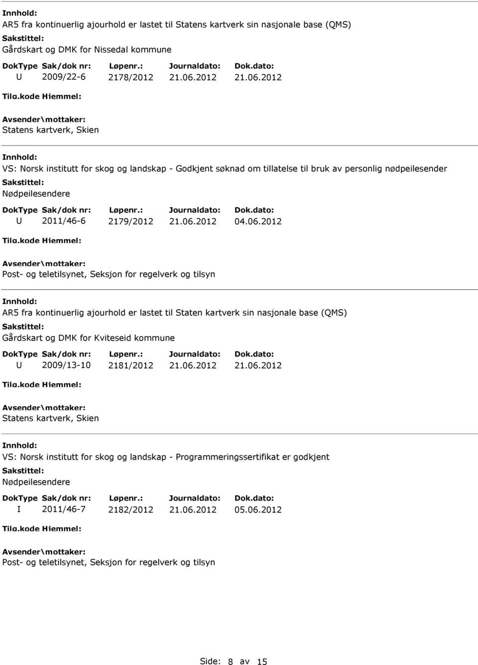 2012 Post- og teletilsynet, Seksjon for regelverk og tilsyn AR5 fra kontinuerlig ajourhold er lastet til Staten kartverk sin nasjonale base (QMS) Gårdskart og DMK for Kviteseid kommune