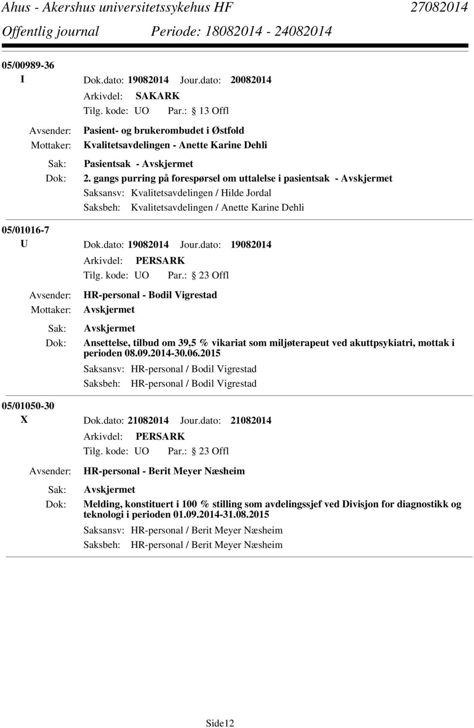 dato: 19082014 HR-personal - Bodil Vigrestad Ansettelse, tilbud om 39,5 % vikariat som miljøterapeut ved akuttpsykiatri, mottak i perioden 08.09.2014-30.06.