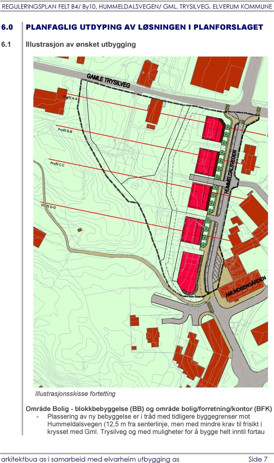 bolig/forretning/kontor (BFK) - Plassering av ny bebyggelse er i tråd med tidligere byggegrenser mot Hummeldalsvegen