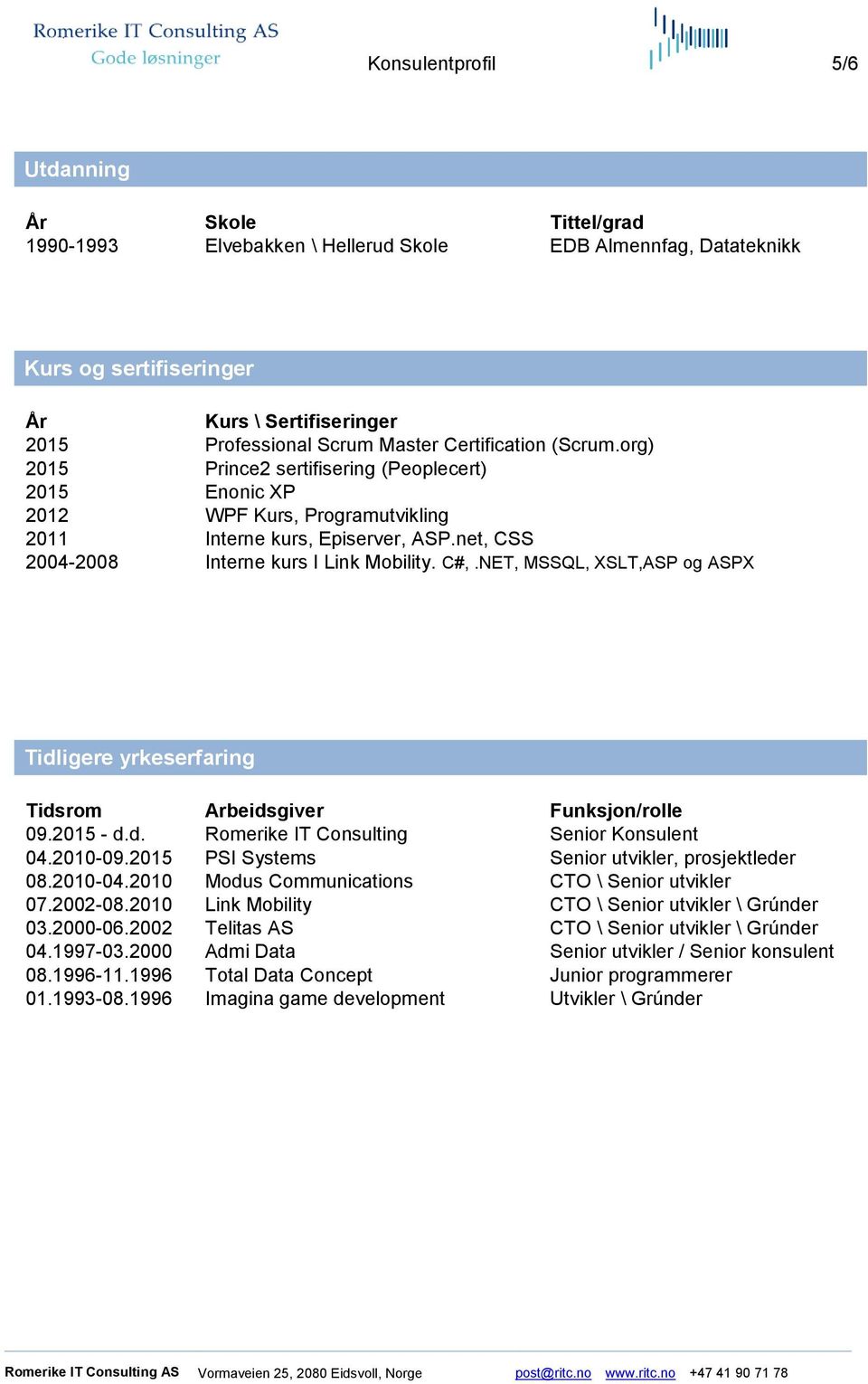 NET, MSSQL, XSLT,ASP og ASPX Tidligere yrkeserfaring Tidsrom Arbeidsgiver Funksjon/rolle 09.2015 - d.d. Romerike IT Consulting Senior Konsulent 04.2010-09.