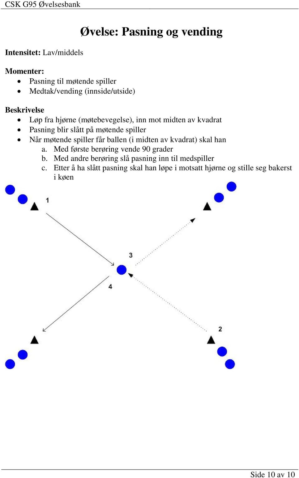 får ballen (i midten av kvadrat) skal han a. Med første berøring vende 90 grader b.