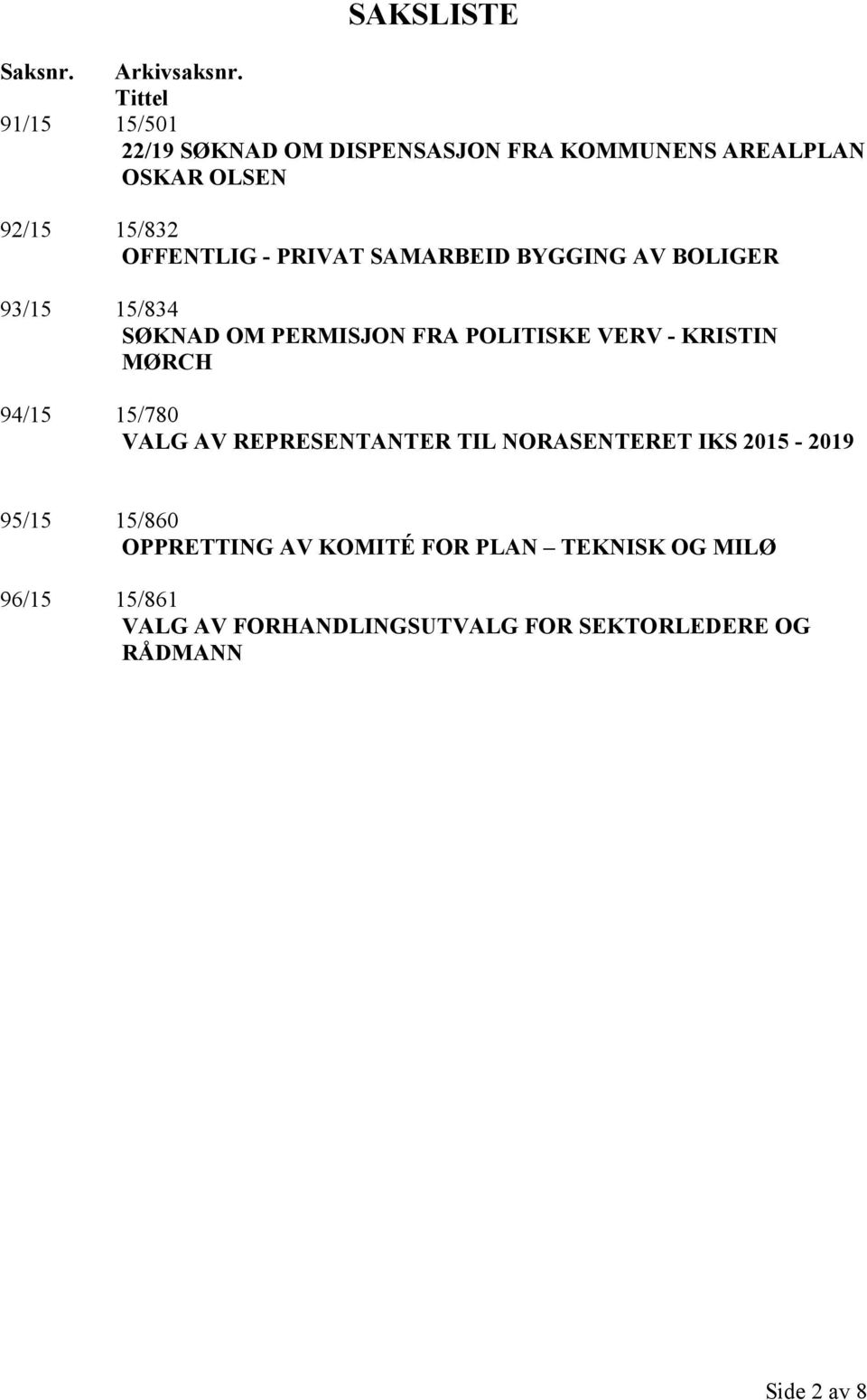 PRIVAT SAMARBEID BYGGING AV BOLIGER 93/15 15/834 SØKNAD OM PERMISJON FRA POLITISKE VERV - KRISTIN MØRCH 94/15