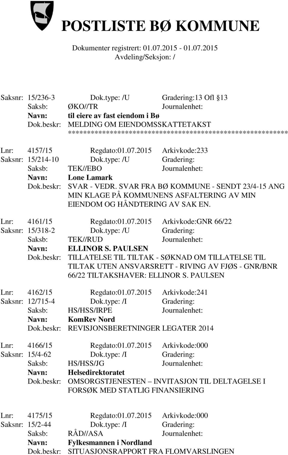 SVAR FRA BØ KOMMUNE - SENDT 23/4-15 ANG MIN KLAGE PÅ KOMMUNENS ASFALTERING AV MIN EIENDOM OG HÅNDTERING AV SAK EN. Lnr: 4161/15 Regdato:01.07.2015 Arkivkode:GNR 66/22 Saksnr: 15/318-2 Dok.