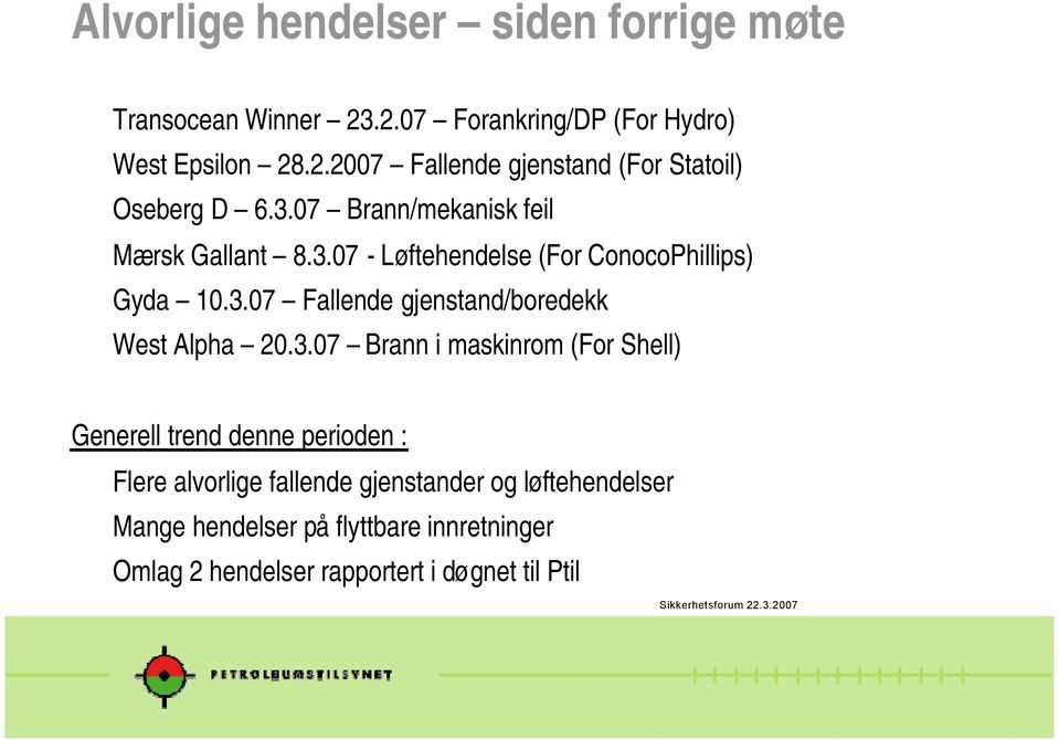 3.07 Brann i maskinrom (For Shell) Generell trend denne perioden : Flere alvorlige fallende gjenstander og løftehendelser