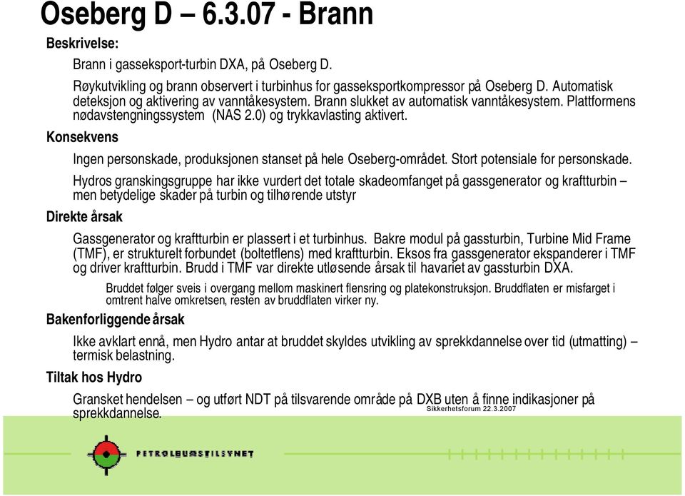 Konsekvens Ingen personskade, produksjonen stanset på hele Oseberg-området. Stort potensiale for personskade.