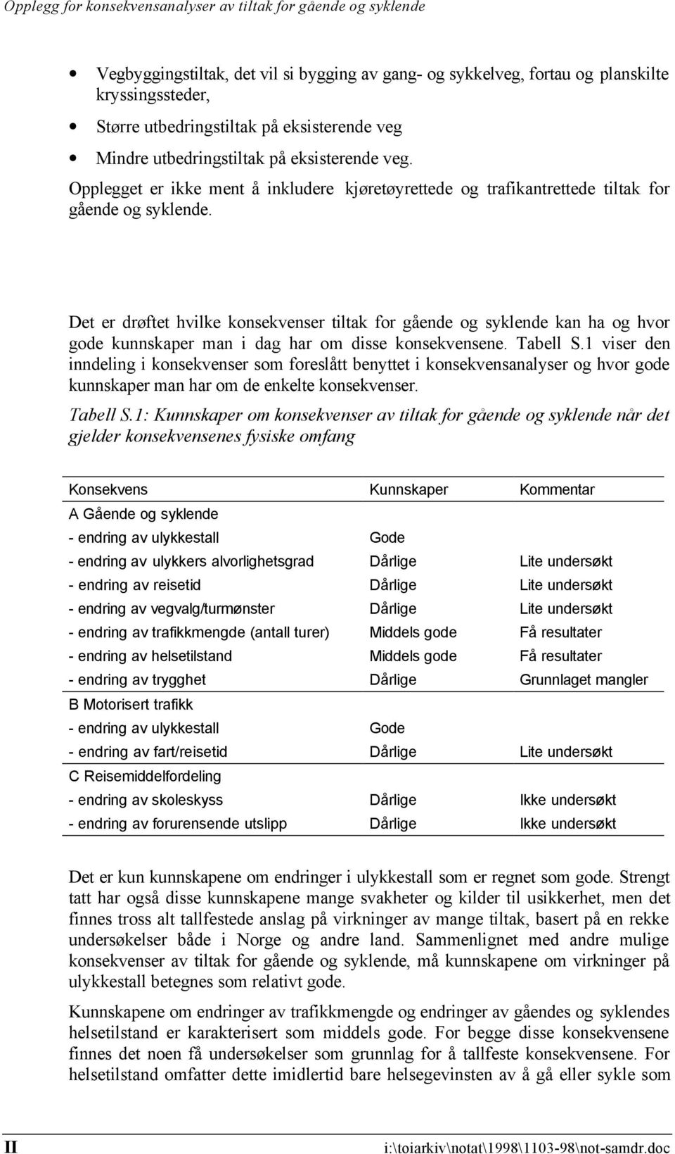 Det er drøftet hvilke konsekvenser tiltak for gående og syklende kan ha og hvor gode kunnskaper man i dag har om disse konsekvensene. Tabell S.