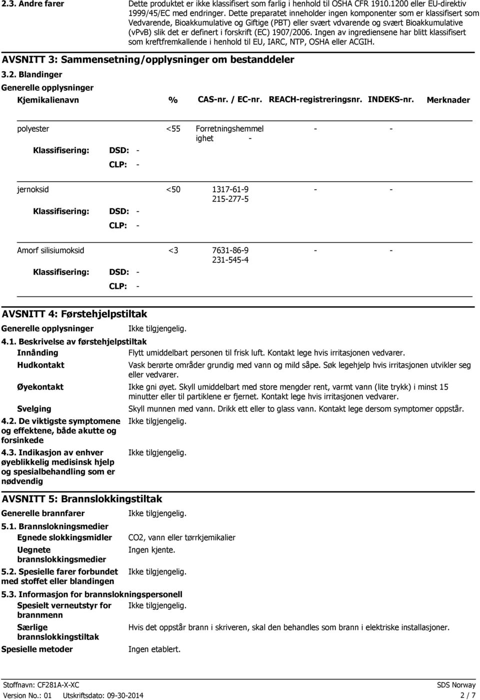 forskrift (EC) 1907/2006. Ingen av ingrediensene har blitt klassifisert som kreftfremkallende i henhold til EU, IARC, NTP, OSHA eller ACGIH. AVSNITT 3: Sammensetning/opplysninger om bestanddeler 3.2. Blandinger Generelle opplysninger Kjemikalienavn % CASnr.