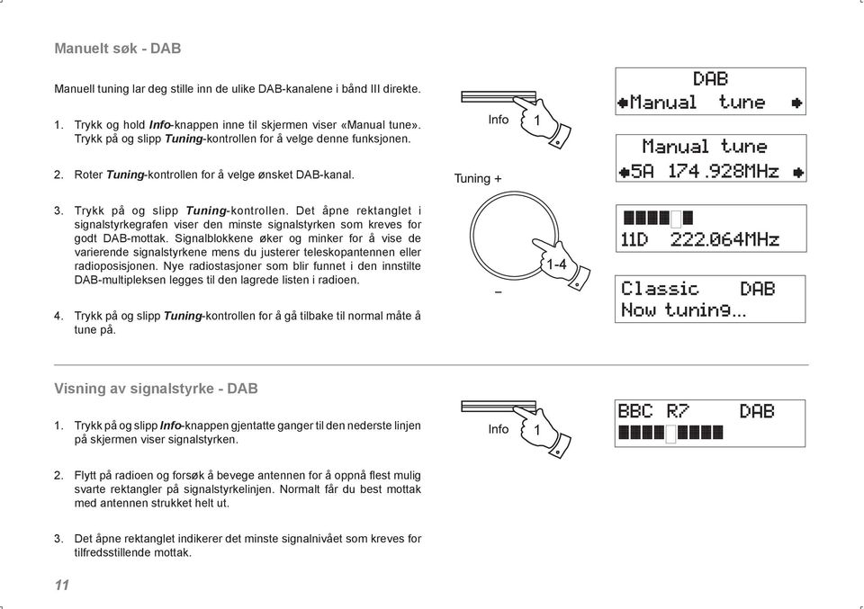 Det åpne rektanglet i signalstyrkegrafen viser den minste signalstyrken som kreves for godt DAB-mottak.