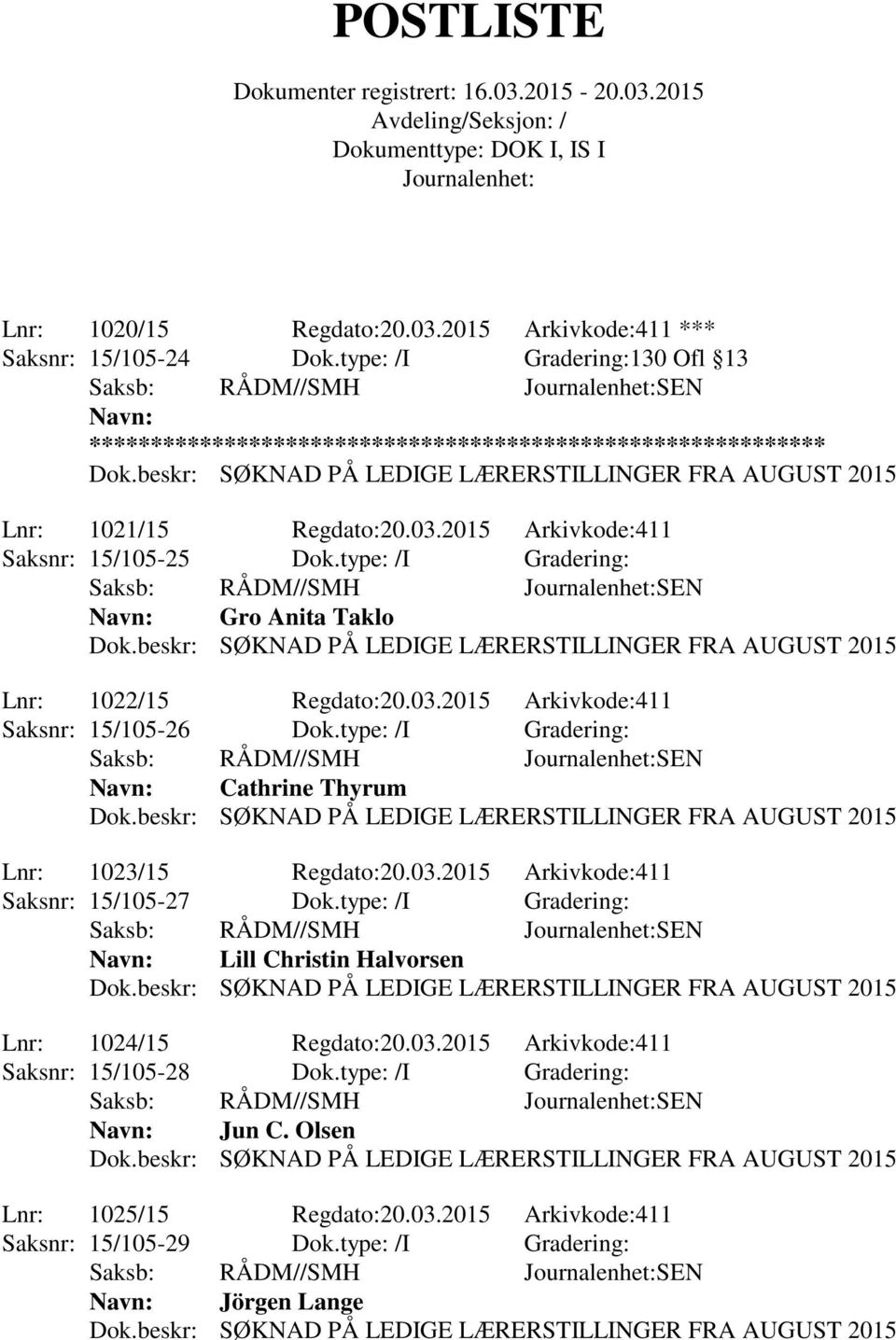 type: /I Gradering: Cathrine Thyrum Lnr: 1023/15 Regdato:20.03.2015 Arkivkode:411 Saksnr: 15/105-27 Dok.