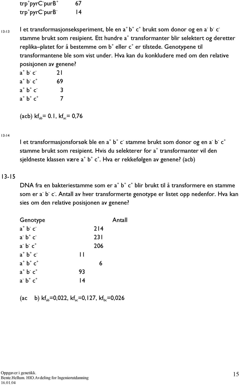 Hva kan du konkludere med om den relative posisjonen av genene? a + b - c - 21 a + b - c + 69 a + b + c - 3 a + b + c + 7 (acb) kf ab = 0.