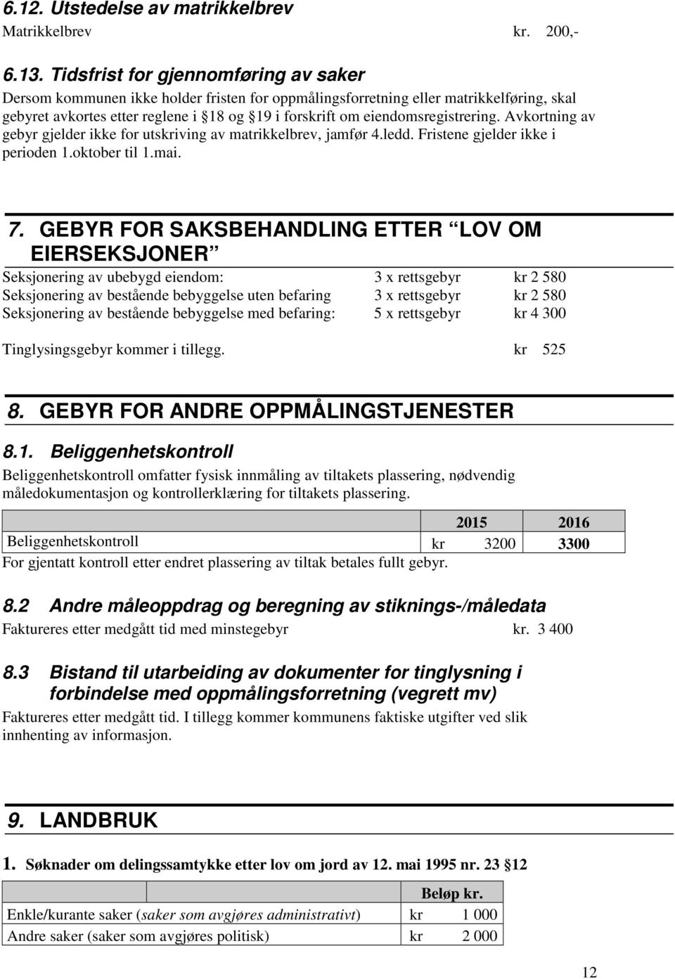 eiendomsregistrering. Avkortning av gebyr gjelder ikke for utskriving av matrikkelbrev, jamfør 4.ledd. Fristene gjelder ikke i perioden 1.oktober til 1.mai. 7.