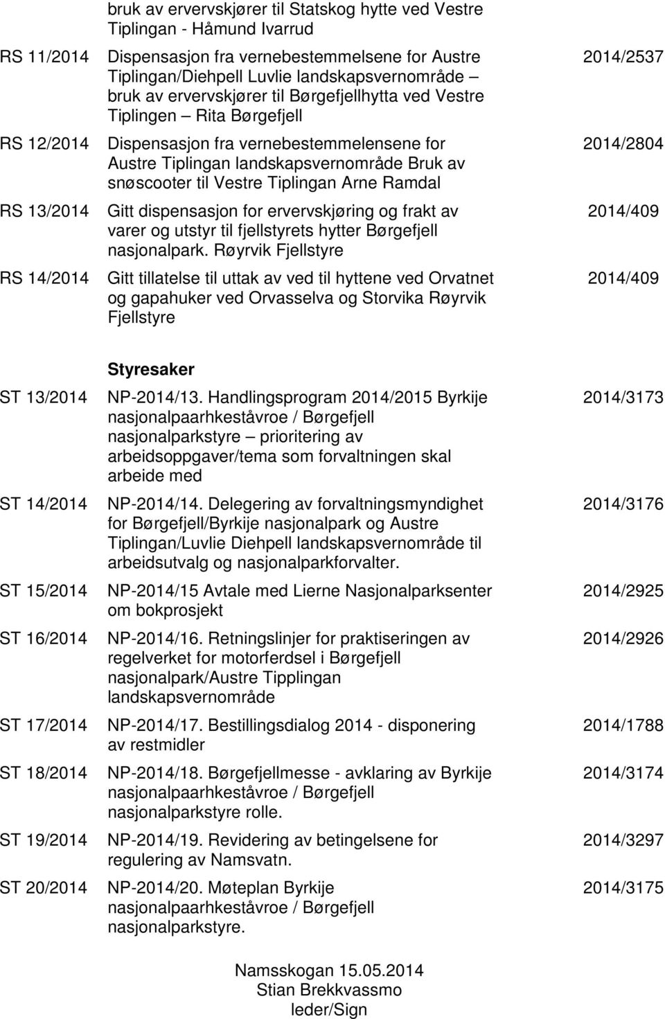 til Vestre Tiplingan Arne Ramdal Gitt dispensasjon for ervervskjøring og frakt av varer og utstyr til fjellstyrets hytter Børgefjell nasjonalpark.