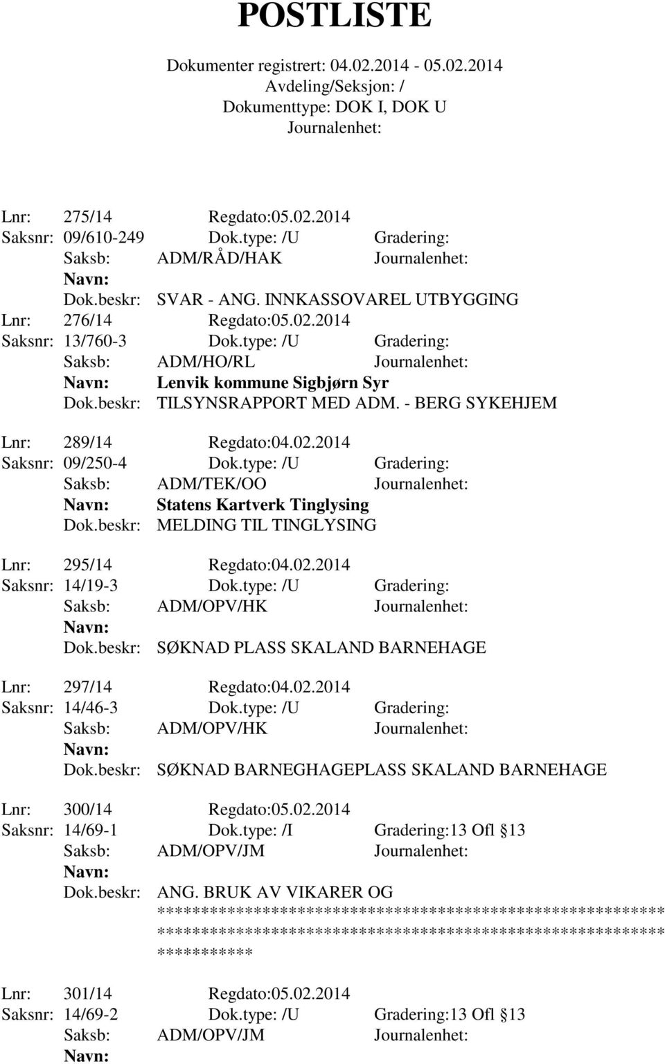 type: /U Gradering: Saksb: ADM/TEK/OO Statens Kartverk Tinglysing Dok.beskr: MELDING TIL TINGLYSING Lnr: 295/14 Regdato:04.02.2014 Saksnr: 14/19-3 Dok.type: /U Gradering: Saksb: ADM/OPV/HK Dok.