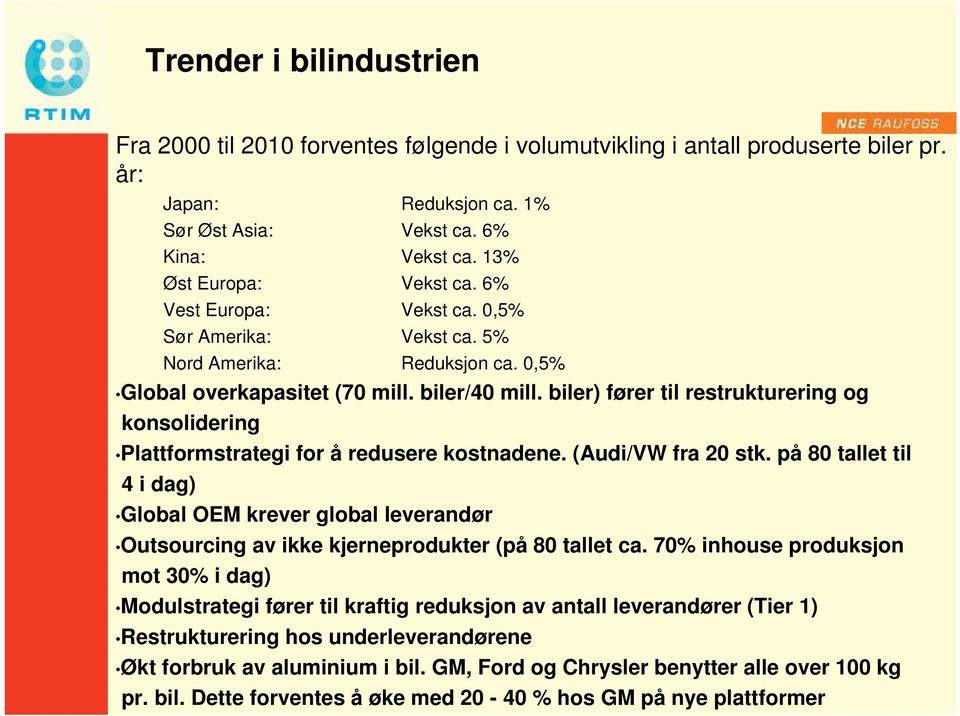 biler) fører til restrukturering og konsolidering Plattformstrategi for å redusere kostnadene. (Audi/VW fra 20 stk.