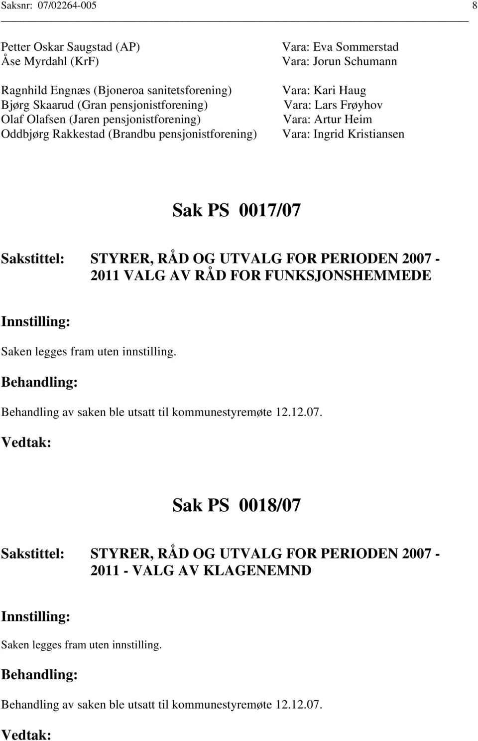Kristiansen Sak PS 0017/07 STYRER, RÅD OG UTVALG FOR PERIODEN 2007-2011 VALG AV RÅD FOR FUNKSJONSHEMMEDE Saken legges fram uten innstilling.