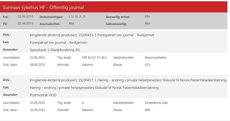 2015 Arkivdel: Sakarkiv 423 Inngående eksternt produsert, 15/00417-1 Høring - endring i private helsetjenesters