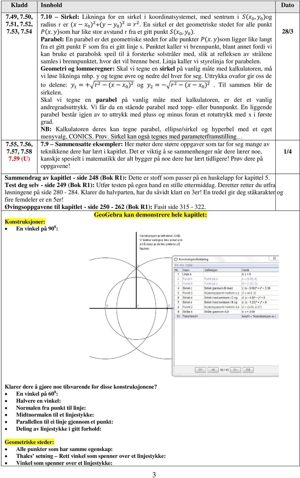 Parabel: En parabel er det geometriske stedet for alle punkter som ligger like langt fra et gitt punkt F som fra ei gitt linje s.